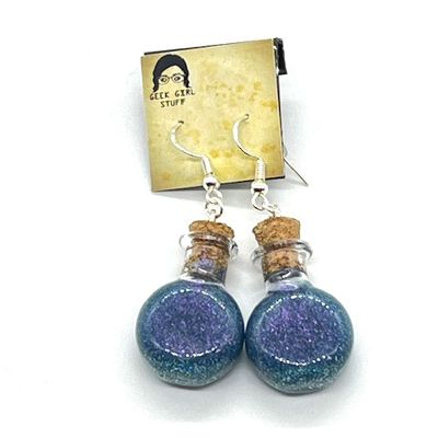 Potion Earrings - Sparkly Teal and Purple, round flat bottle
