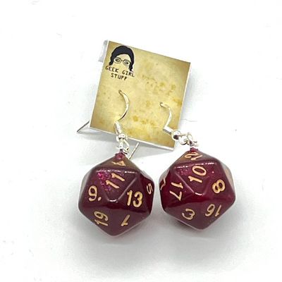 Dice Earrings - Red sparkly with gold numbers