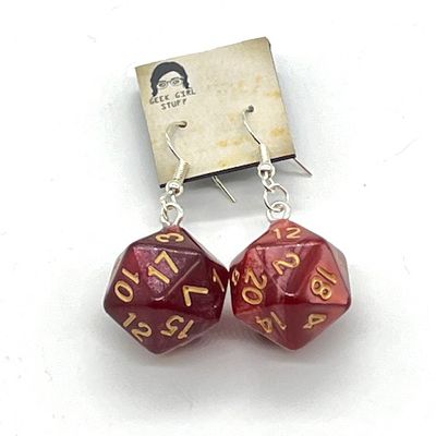 Dice Earrings - Red marbled with gold numbers