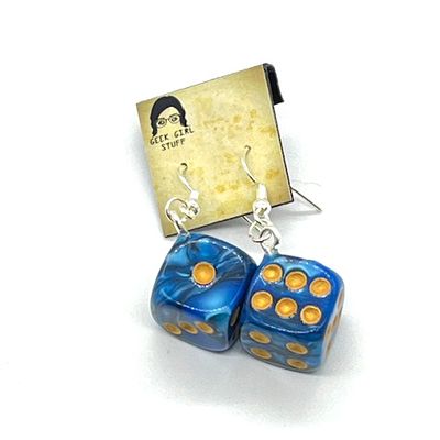 Dice Earrings - Blue and Black marbled with gold dots