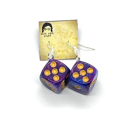 Dice Earrings - Purple and Blue marbled with gold dots