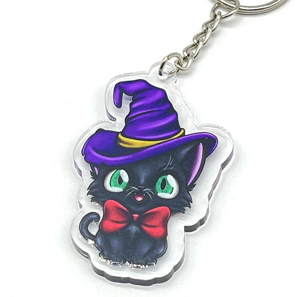 Witchy Cat acrylic charm keychain, zipper clip