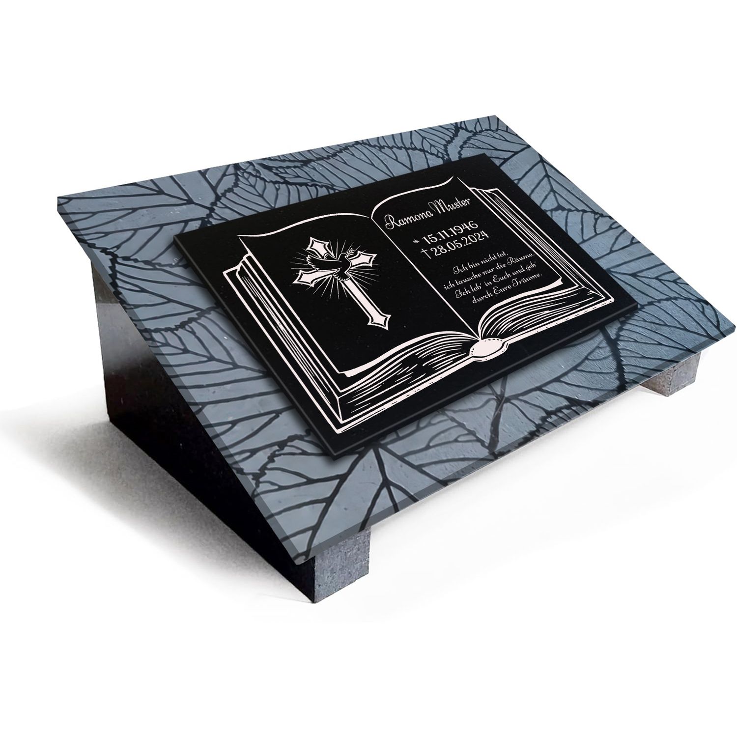 Premium Grabstein aus indischem Granit Absolut Black– mit Tiefengravur Rahmen, Lasergravur &amp; 3-Fach Versiegelung im Format 40x30cm