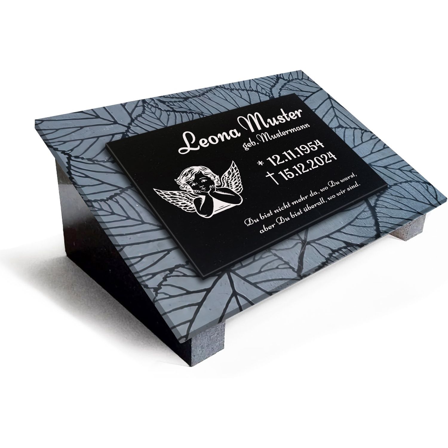 Premium Grabstein aus indischem Granit Absolut Black– mit Tiefengravur Rahmen, Lasergravur &amp; 3-Fach Versiegelung im Format 40x30cm