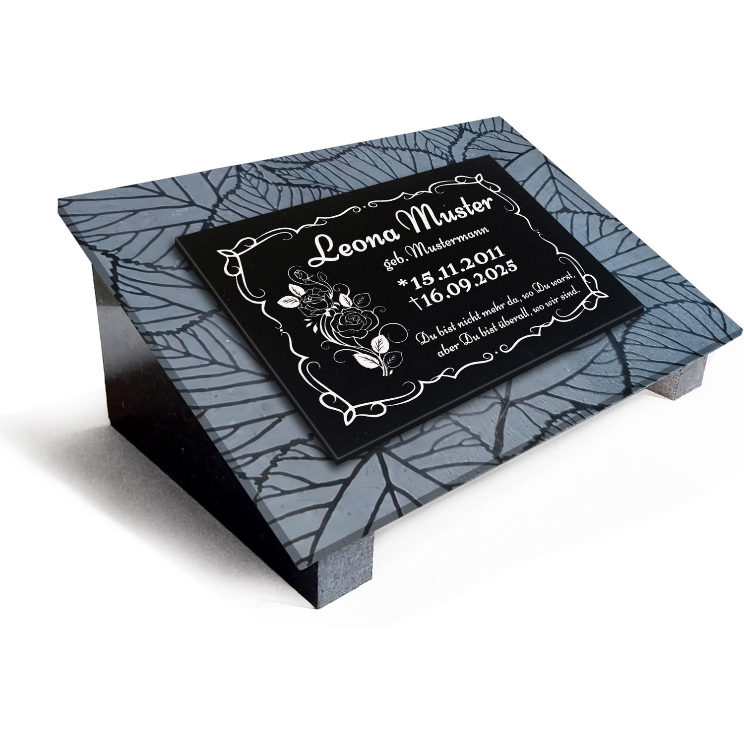 Premium Grabstein aus indischem Granit Absolut Black– mit Tiefengravur Rahmen, Lasergravur &amp; 3-Fach Versiegelung im Format 40x30cm