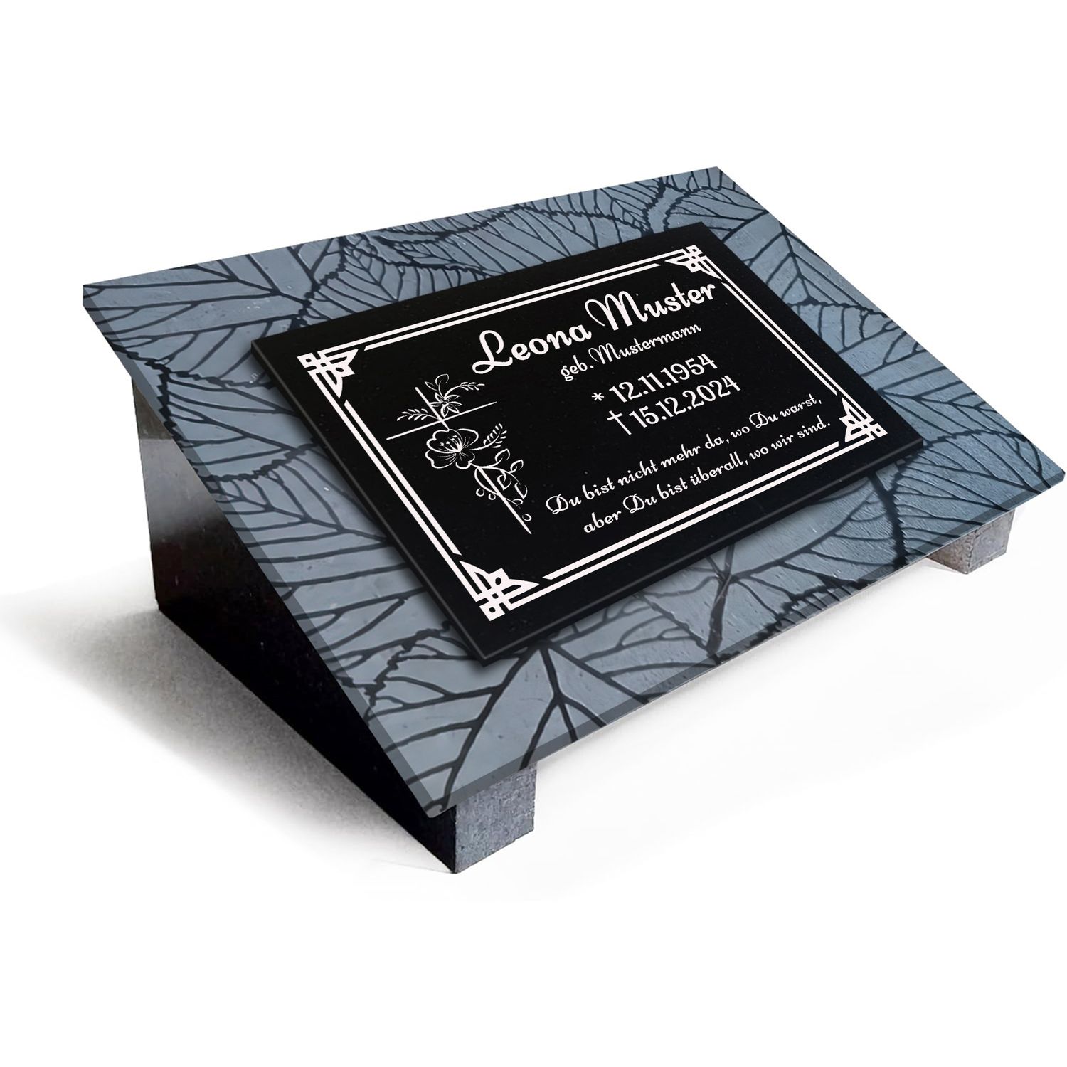 Premium Grabstein aus indischem Granit Absolut Black– mit Tiefengravur Rahmen, Lasergravur &amp; 3-Fach Versiegelung im Format 40x30cm