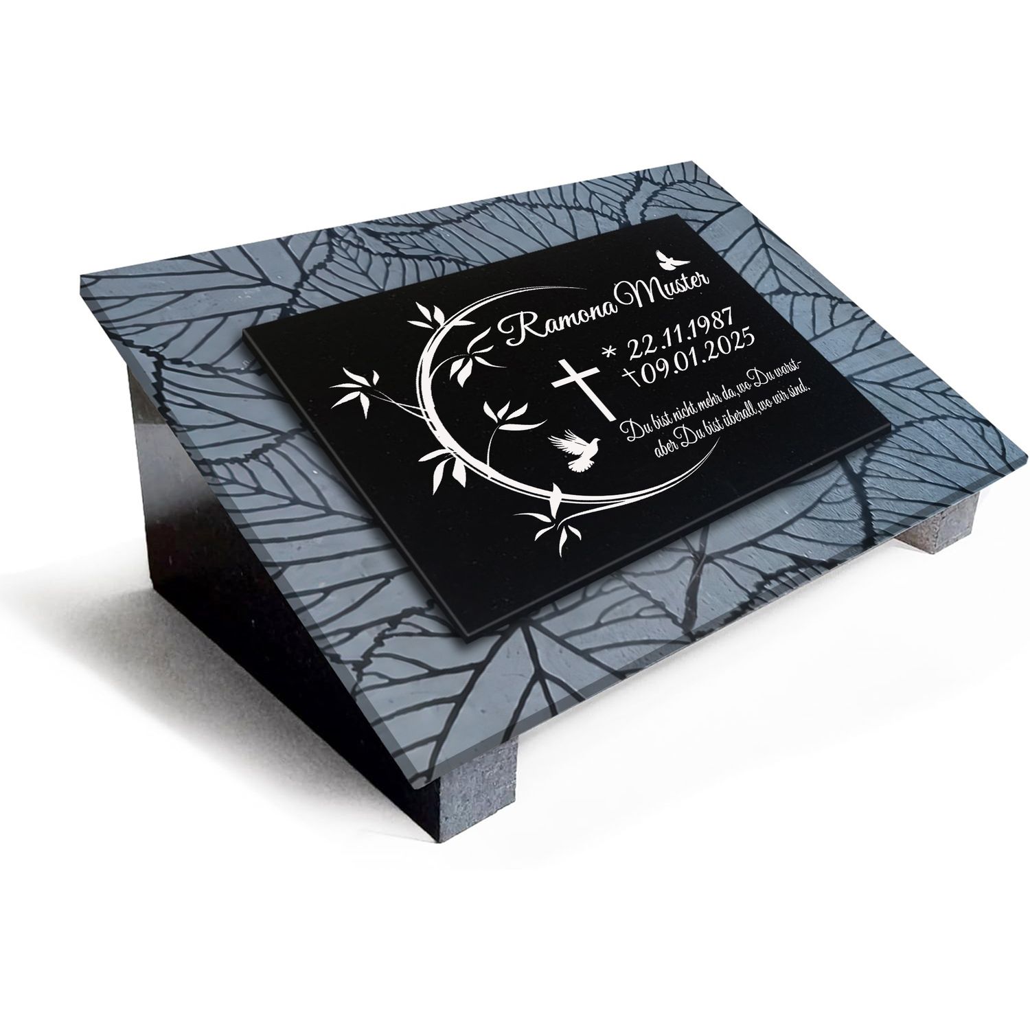 Premium Grabstein aus indischem Granit Absolut Black– mit Tiefengravur Rahmen, Lasergravur &amp; 3-Fach Versiegelung im Format 40x30cm