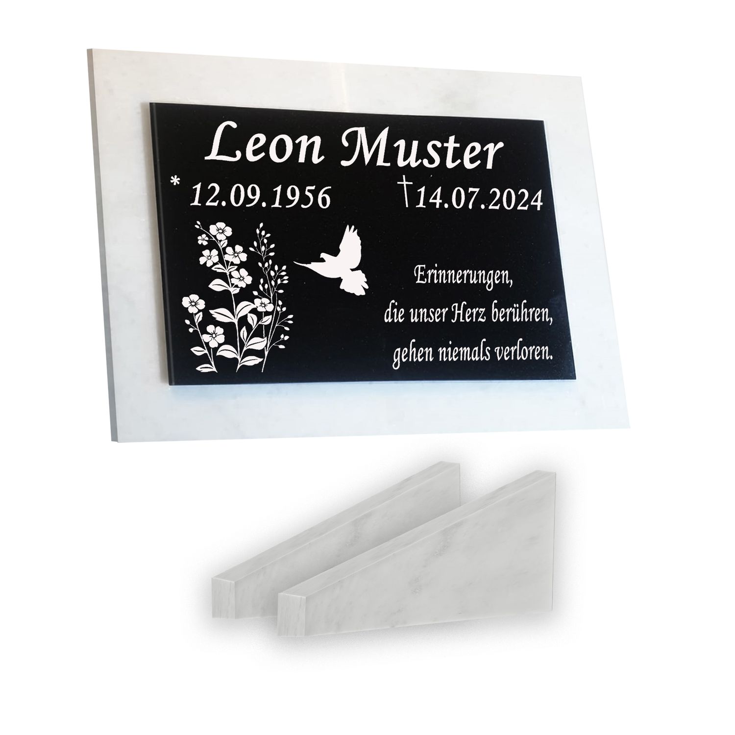 Grabstein Granit + Marmor mit Stützen 40x30x1cm personalisierte Grabplatte