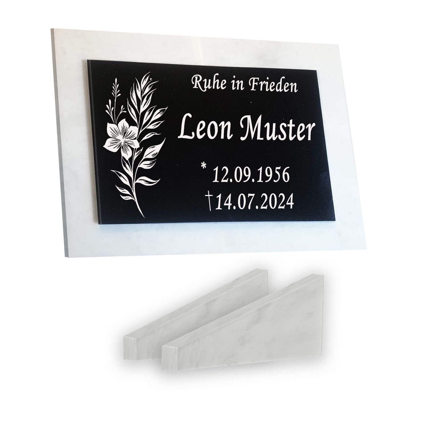 Grabstein Granit + Marmor mit Stützen 40x30x1cm personalisierte Grabplatte