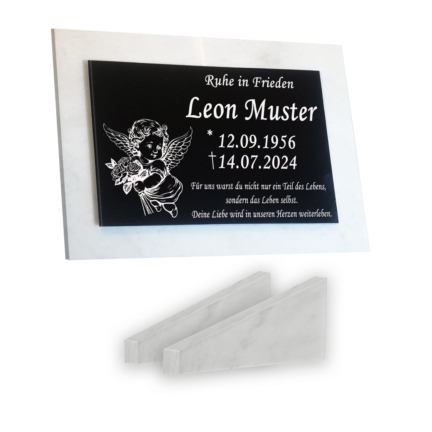 Grabstein Granit + Marmor mit Stützen 40x30x1cm personalisierte Grabplatte