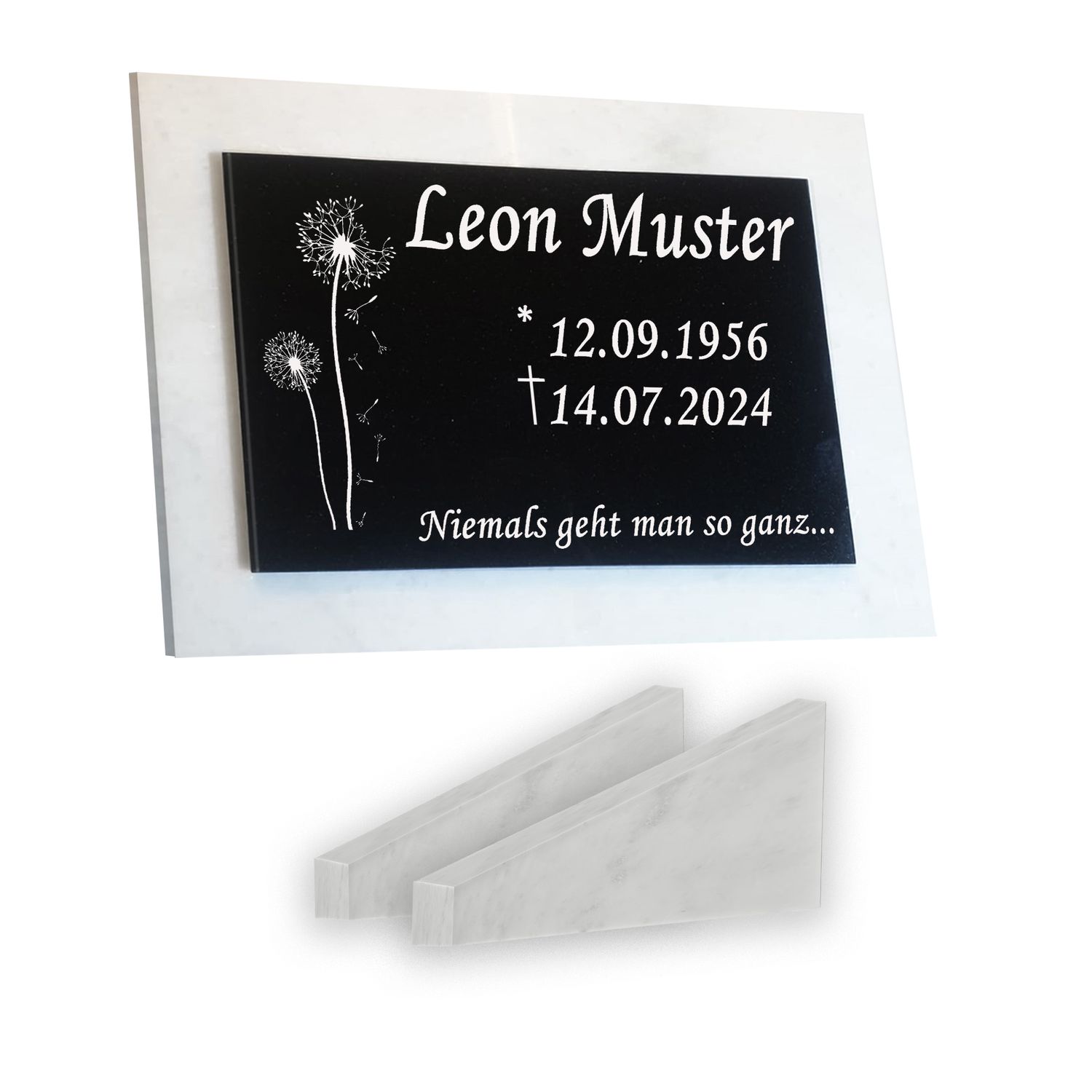 Grabstein Granit + Marmor mit Stützen 40x30x1cm personalisierte Grabplatte