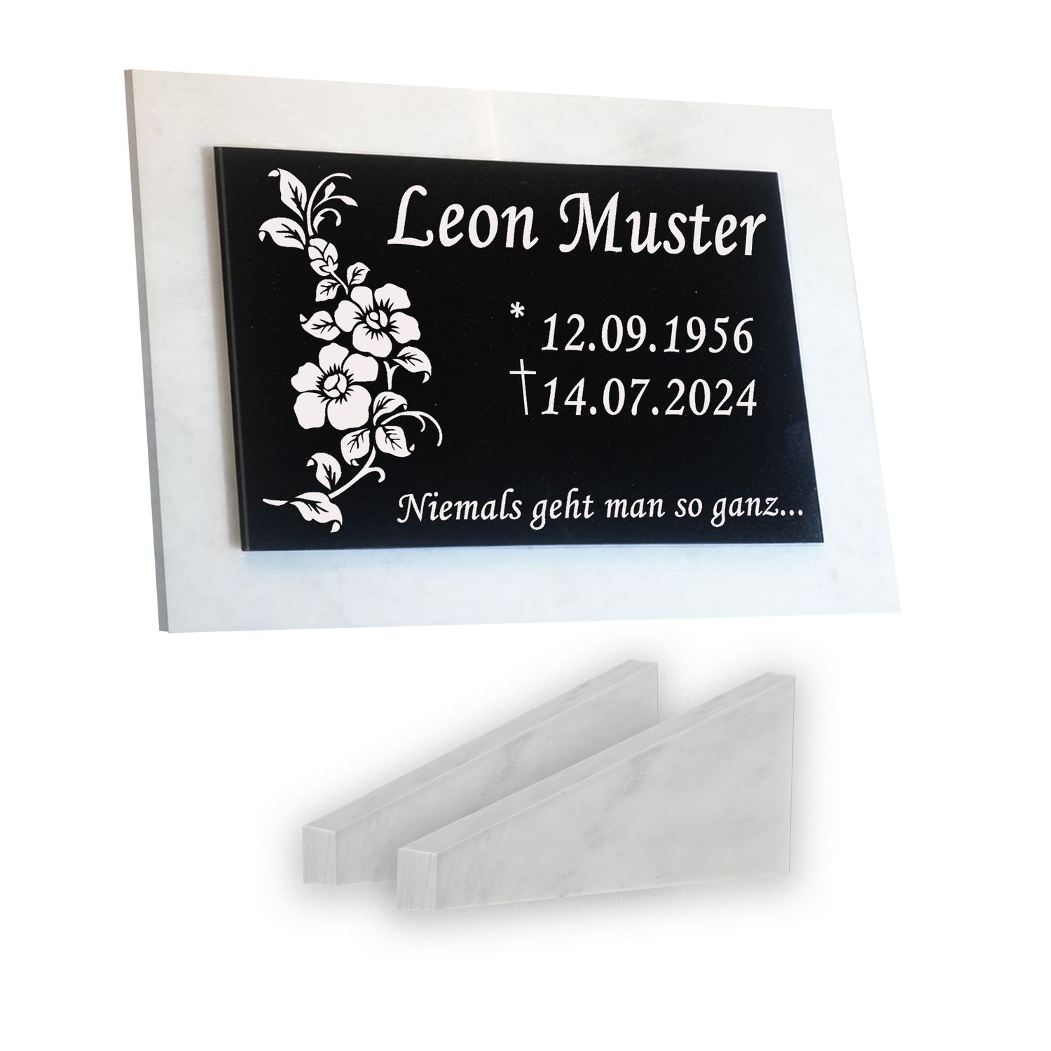 Grabstein Granit + Marmor mit Stützen 40x30x1cm personalisierte Grabplatte