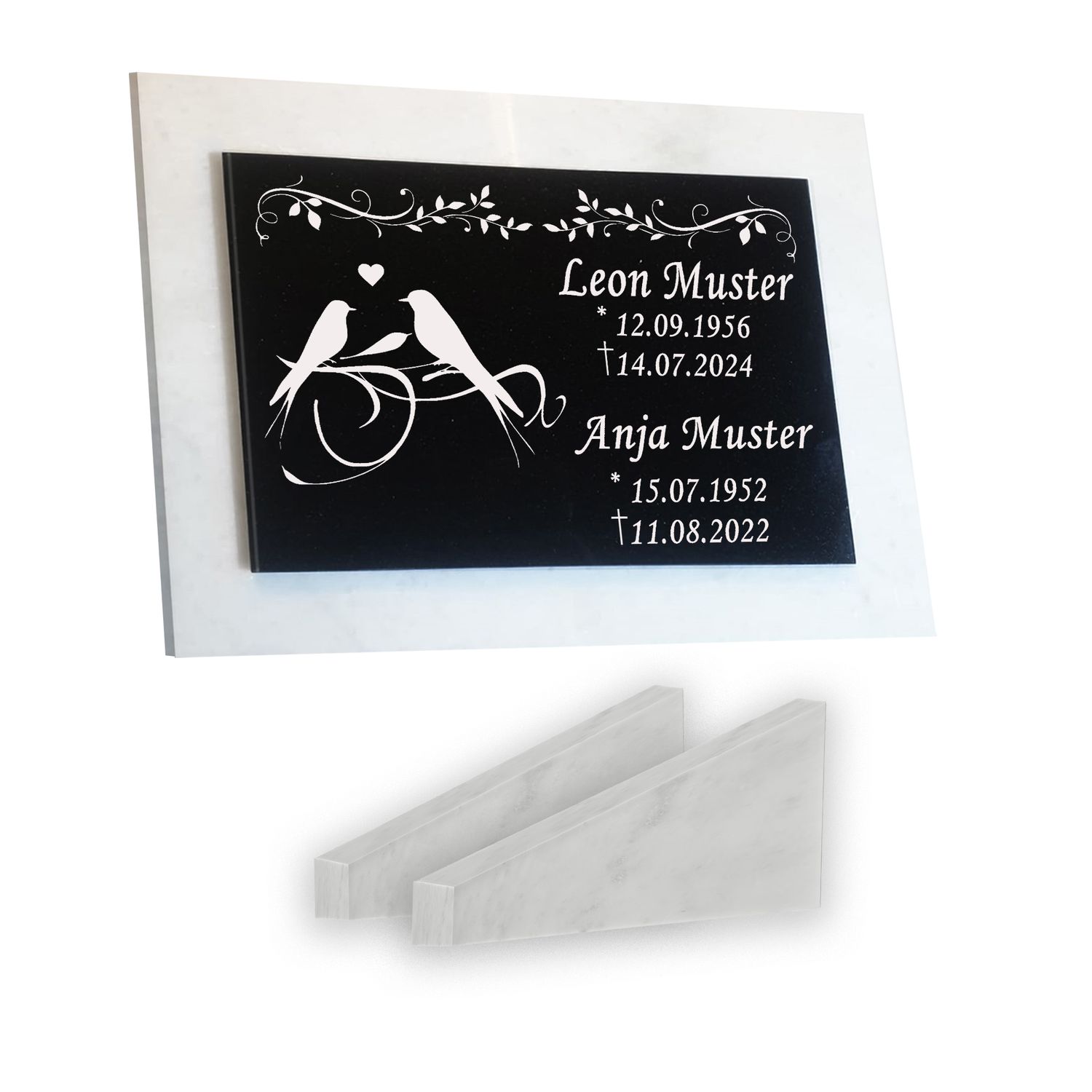 Grabstein Granit + Marmor mit Stützen 40x30x1cm personalisierte Grabplatte