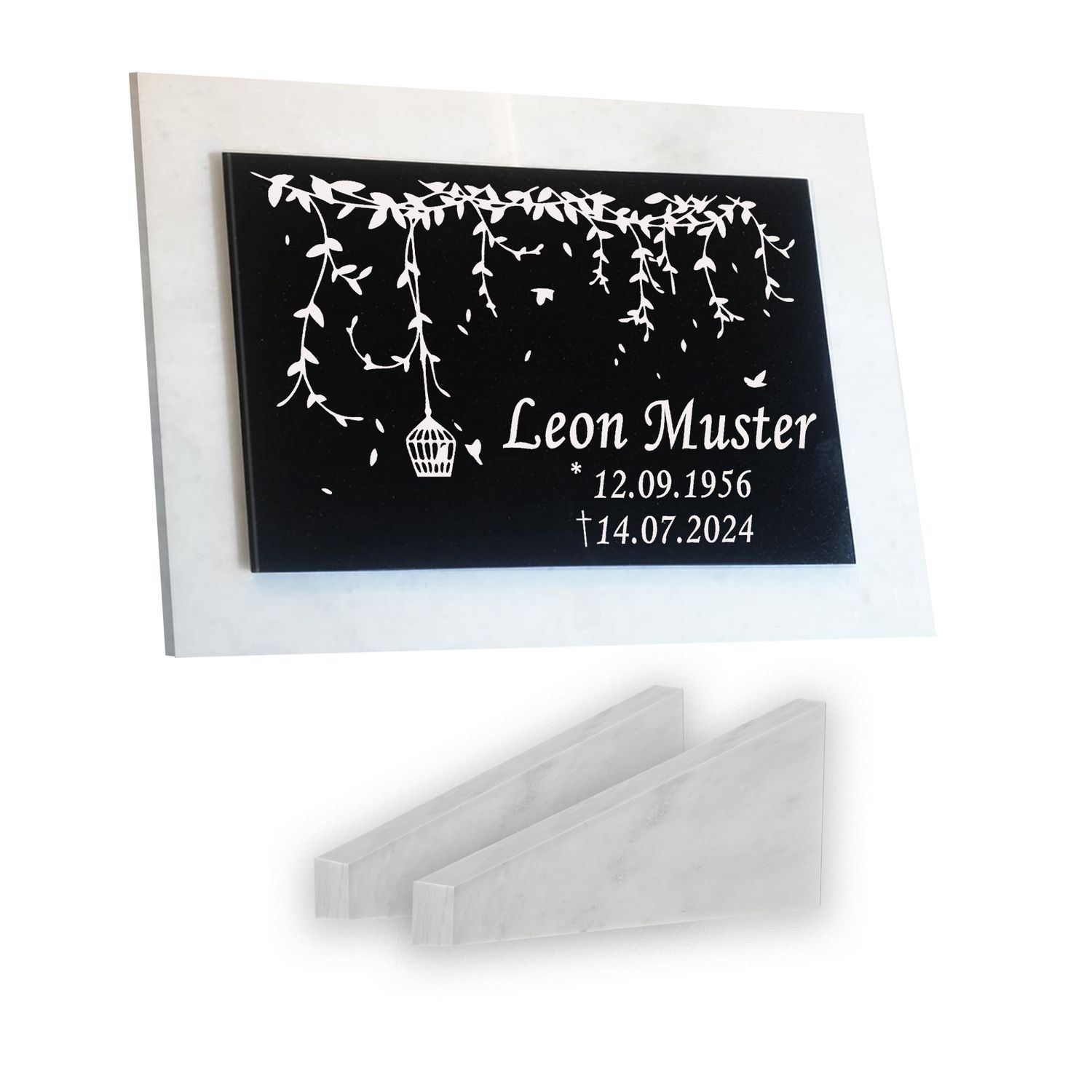 Grabstein Granit + Marmor mit Stützen 40x30x1cm personalisierte Grabplatte