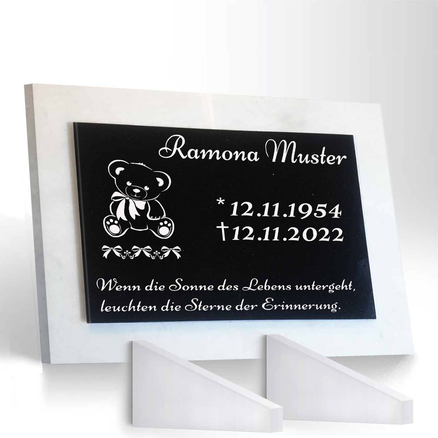 Grabstein Granit + Marmor mit Stützen 40x30x1cm personalisierte Grabplatte