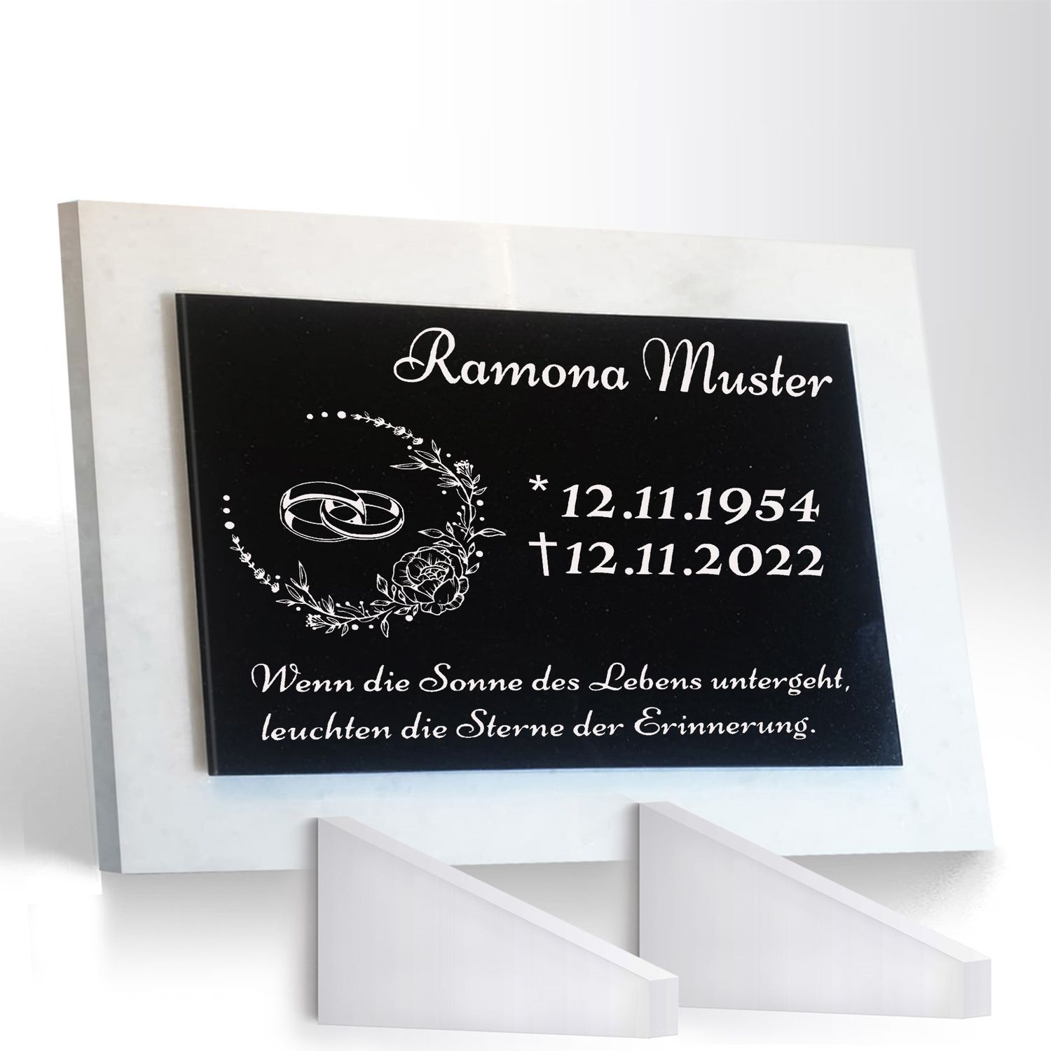 Grabstein Granit + Marmor mit Stützen 40x30x1cm personalisierte Grabplatte