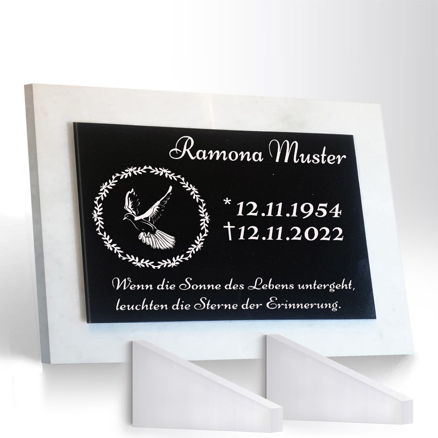 Grabstein Granit + Marmor mit Stützen 40x30x1cm personalisierte Grabplatte