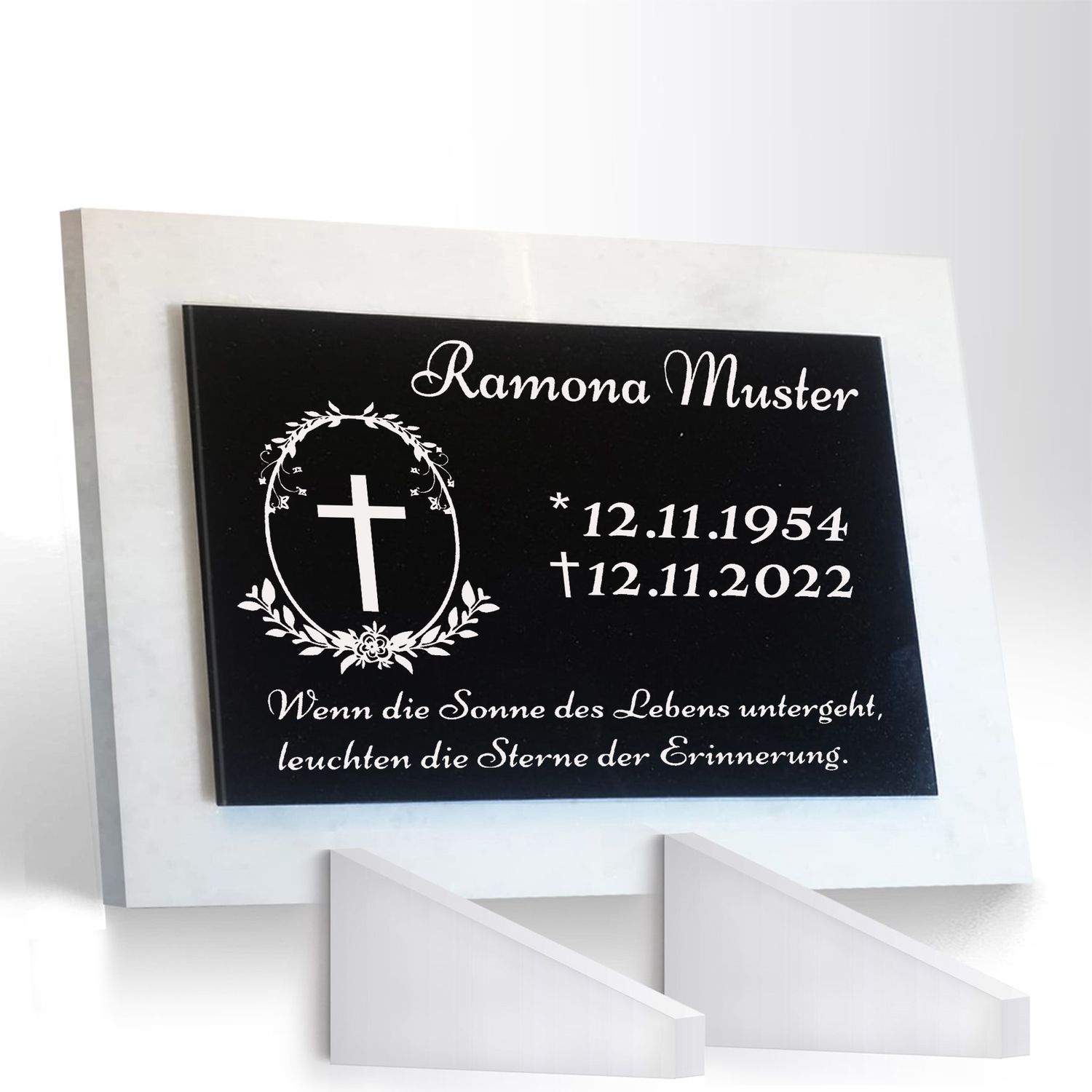 Grabstein Granit + Marmor mit Stützen 40x30x1cm personalisierte Grabplatte