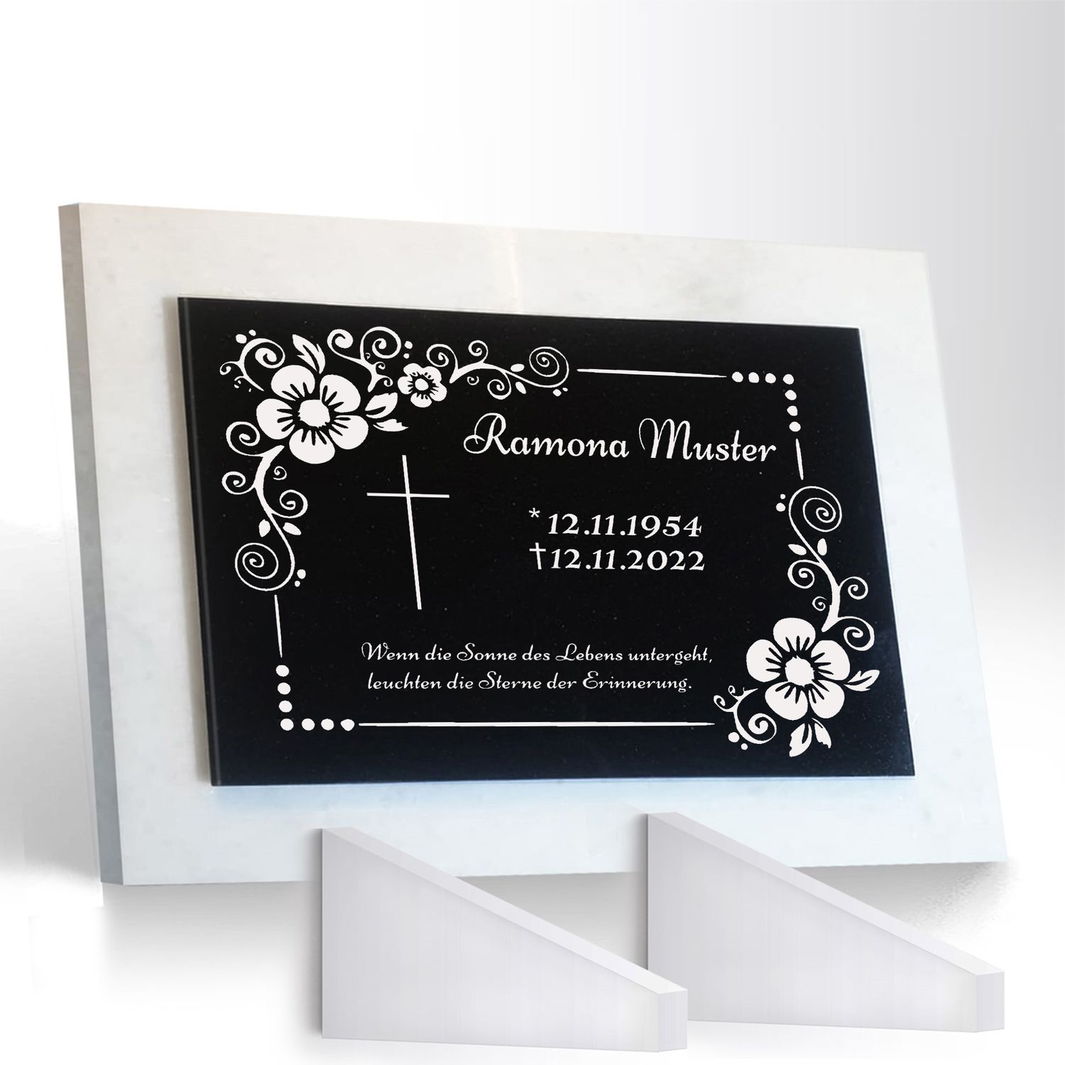 Grabstein Granit + Marmor mit Stützen 40x30x1cm personalisierte Grabplatte