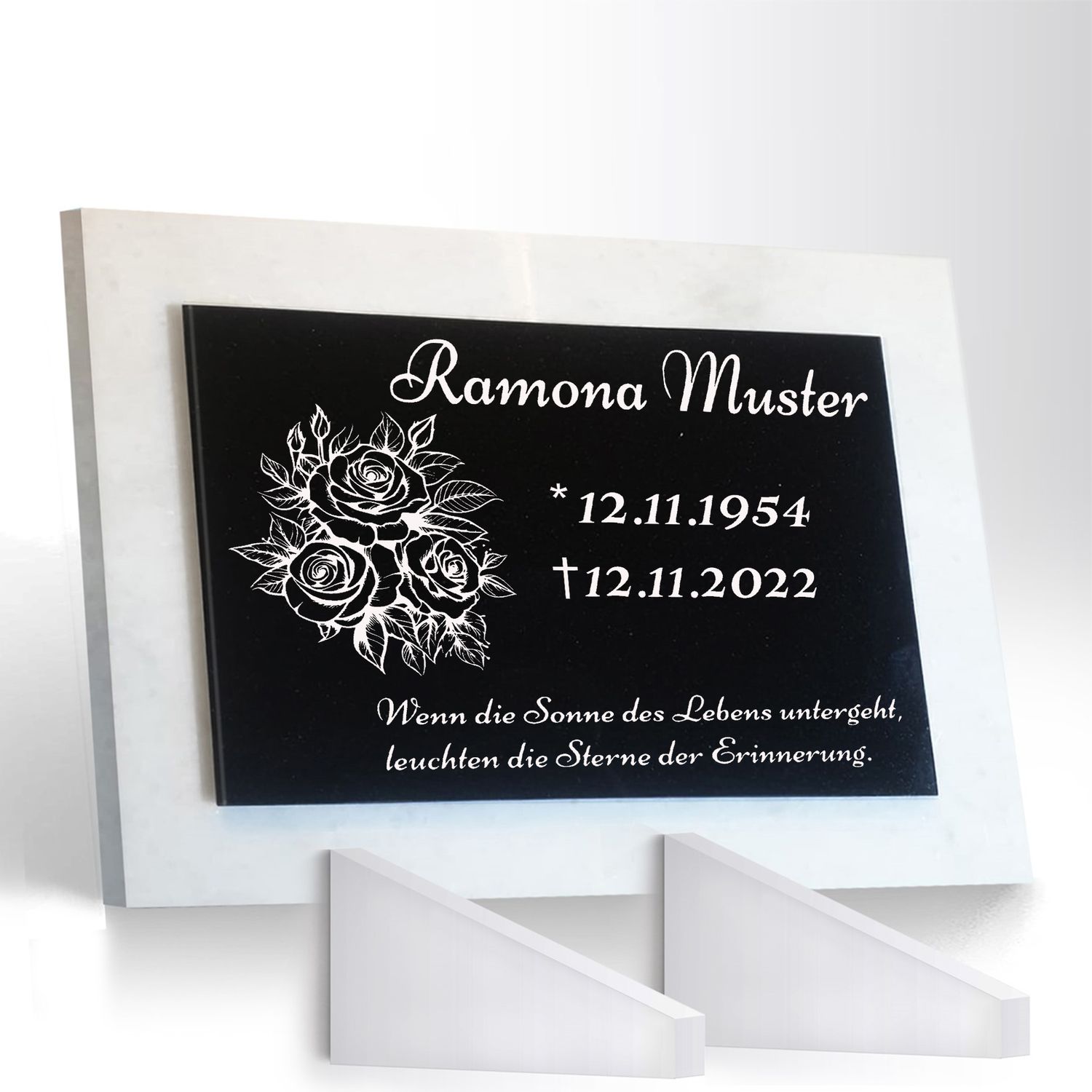Grabstein Granit + Marmor mit Stützen 40x30x1cm personalisierte Grabplatte