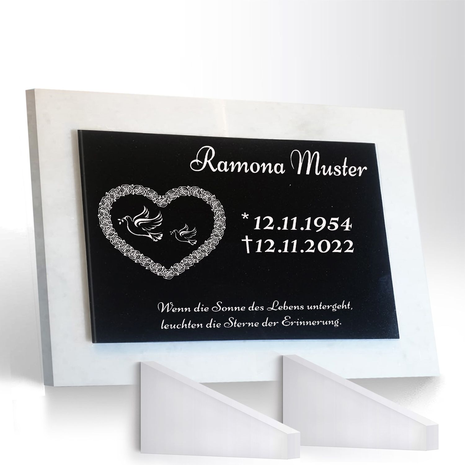 Grabstein Granit + Marmor mit Stützen 40x30x1cm personalisierte Grabplatte