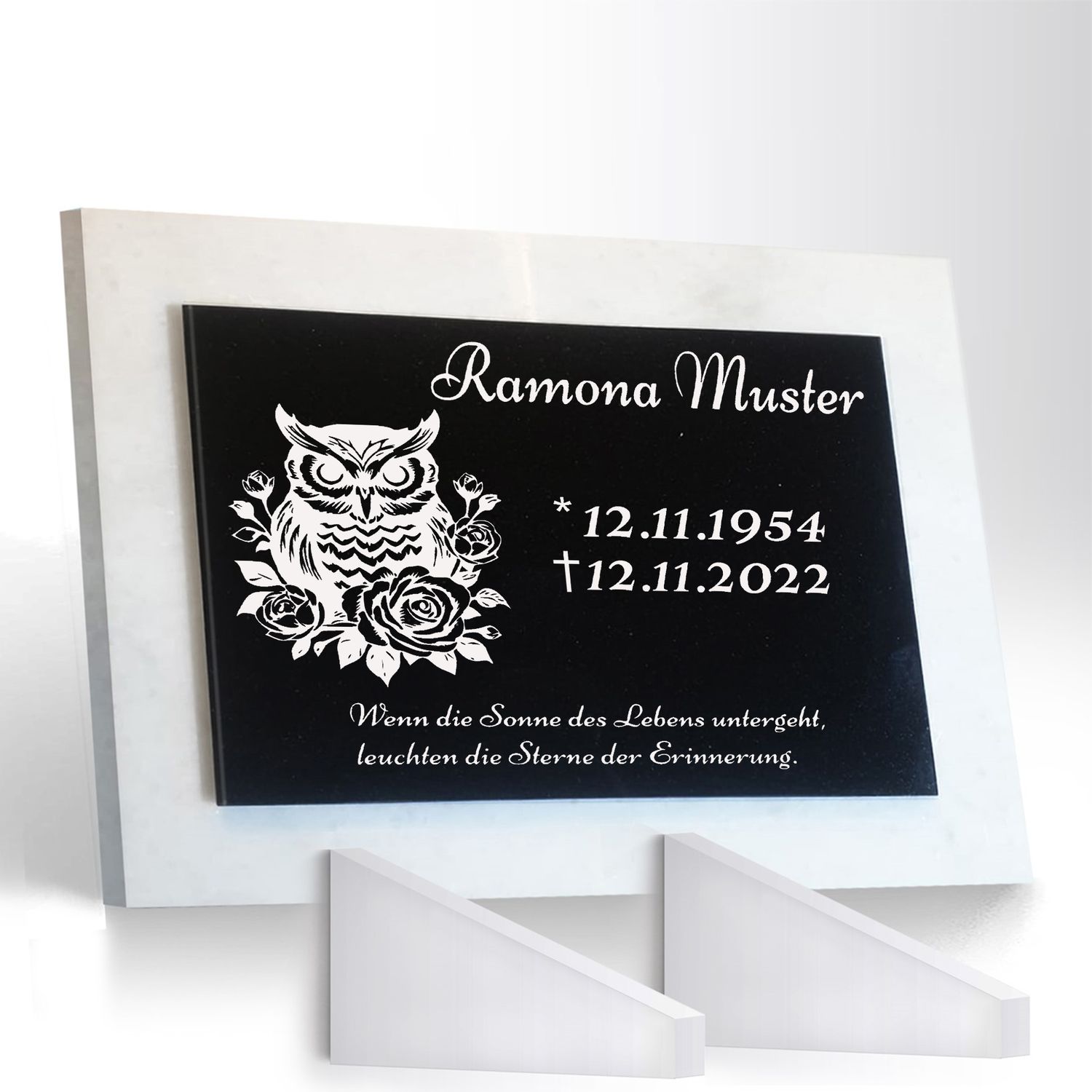 Grabstein Granit + Marmor mit Stützen 40x30x1cm personalisierte Grabplatte