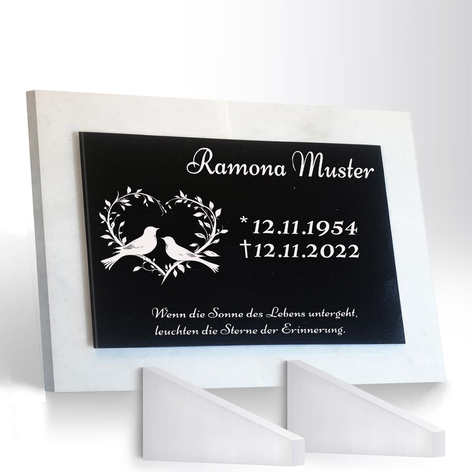 Grabstein Granit + Marmor mit Stützen 40x30x1cm personalisierte Grabplatte