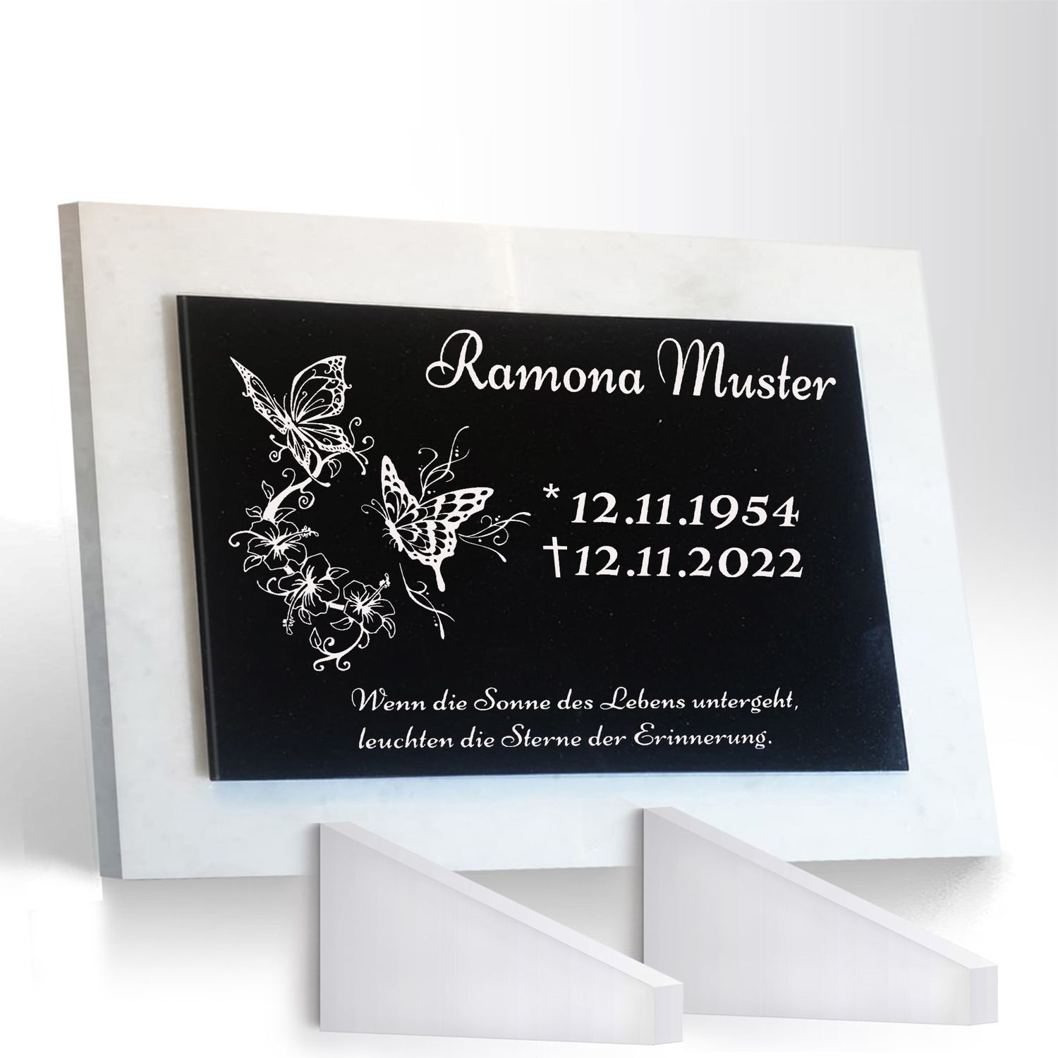 Grabstein Granit + Marmor mit Stützen 40x30x1cm personalisierte Grabplatte