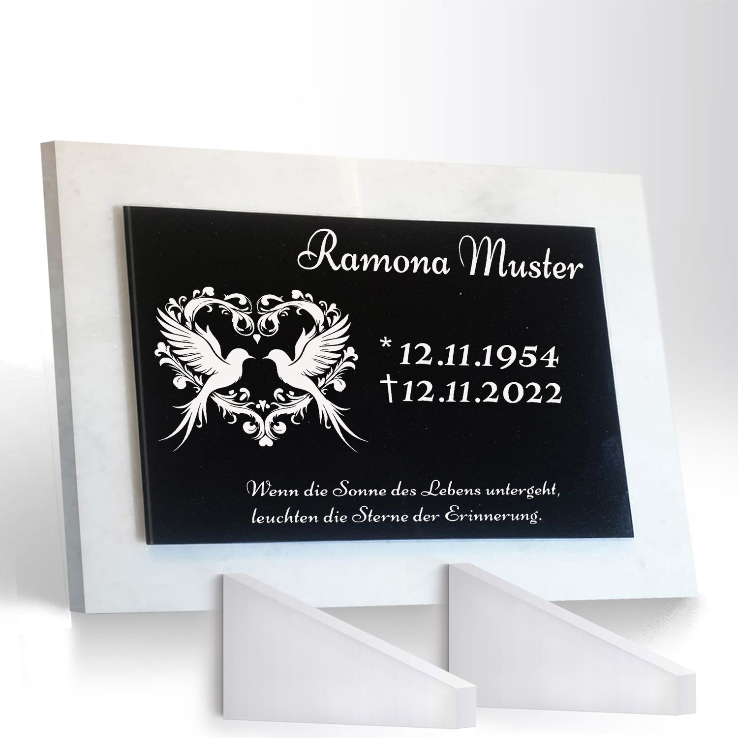 Grabstein Granit + Marmor mit Stützen 40x30x1cm personalisierte Grabplatte