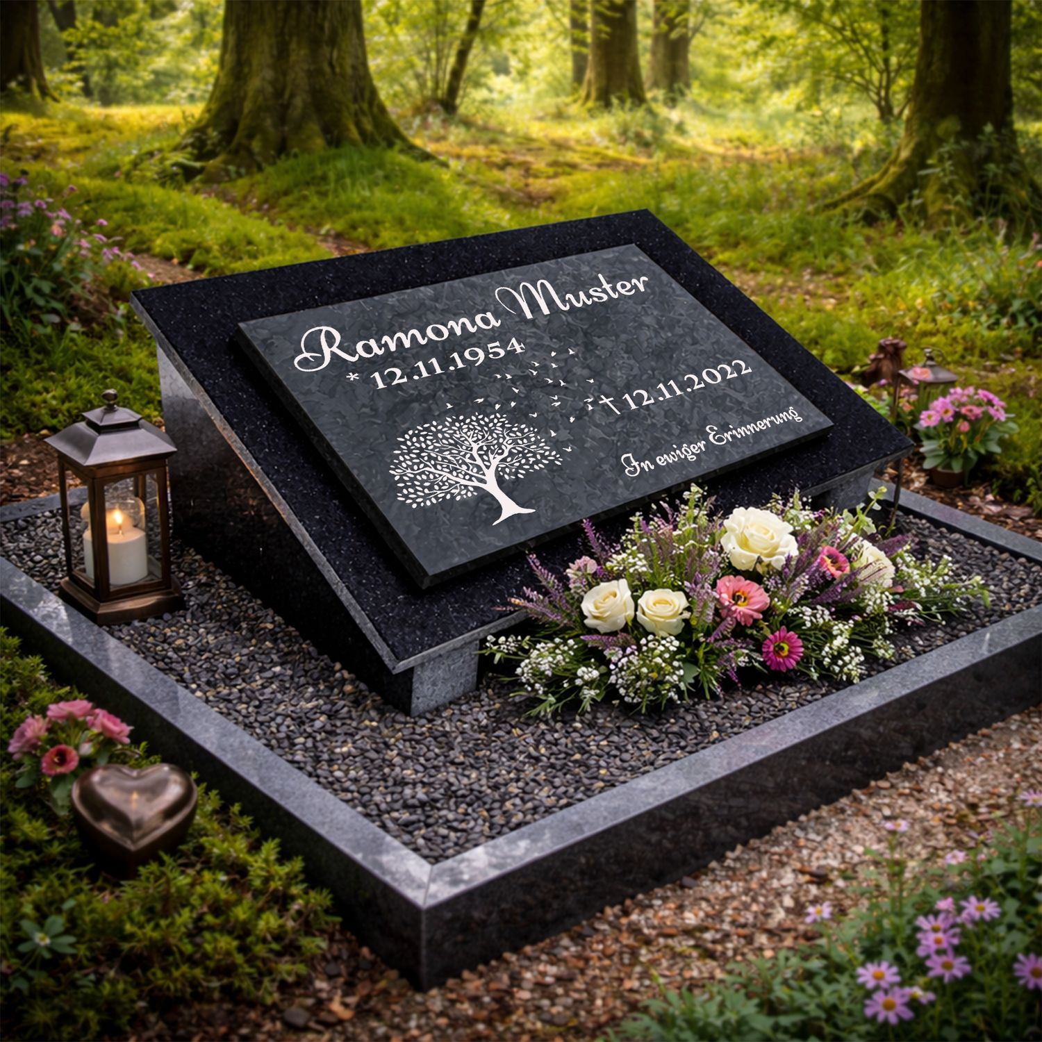 Grabstein Granitunterplatte mit Marmoroberplatte+Stützen+Gravur 40x30cm Y17