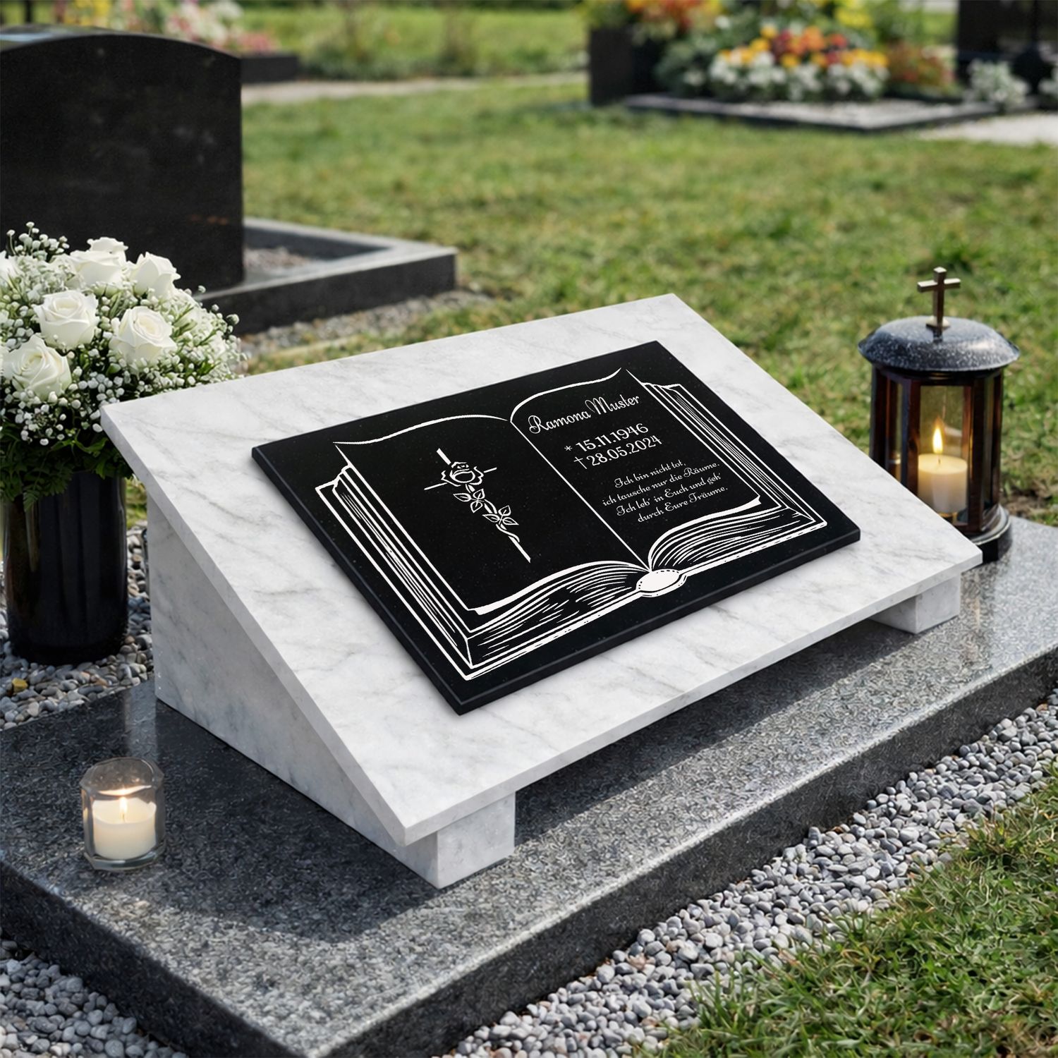Grabstein Granit + Marmor mit Stützen 40x30x1cm personalisierte Grabplatte BI01