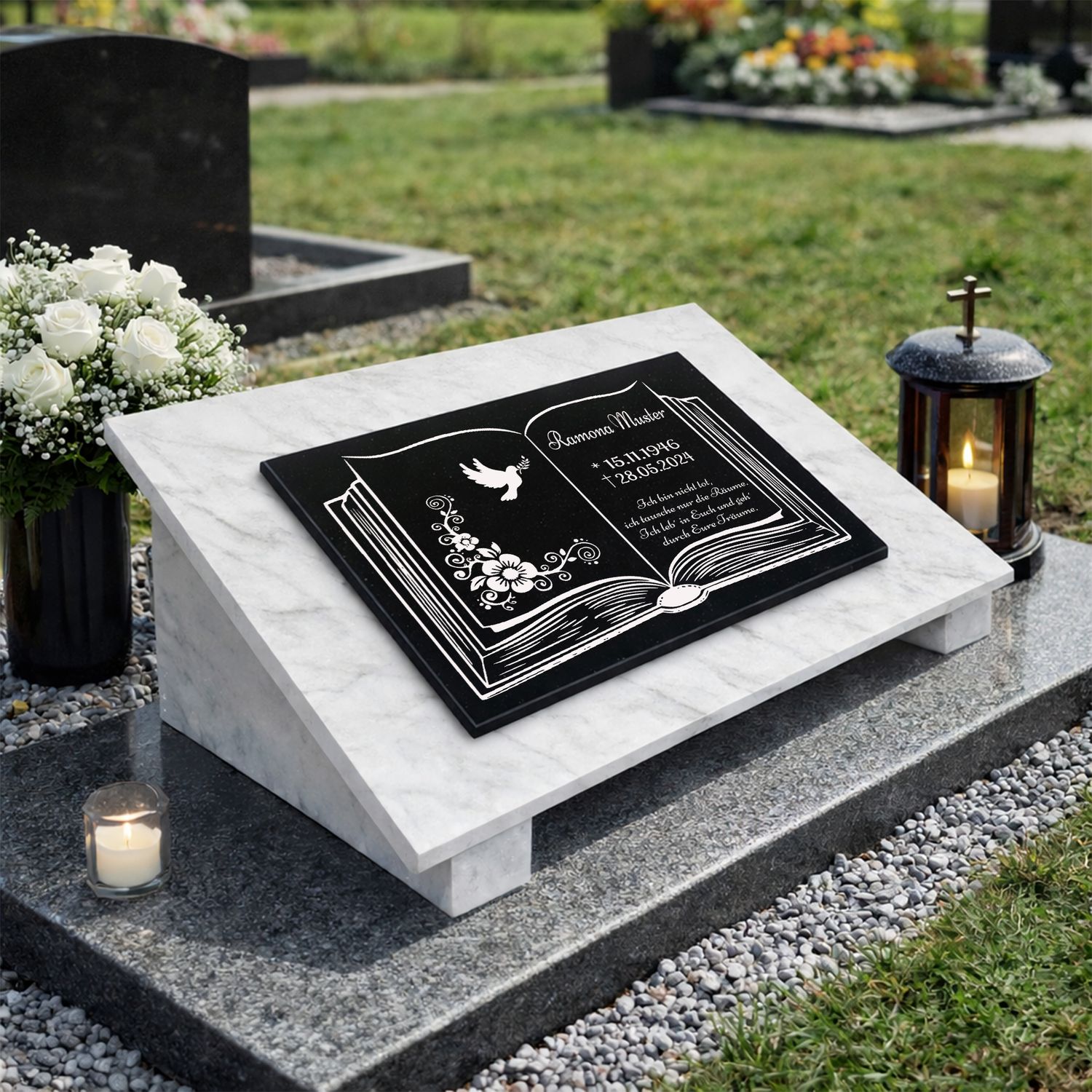 Grabstein Granit + Marmor mit Stützen 40x30x1cm personalisierte Grabplatte BI07
