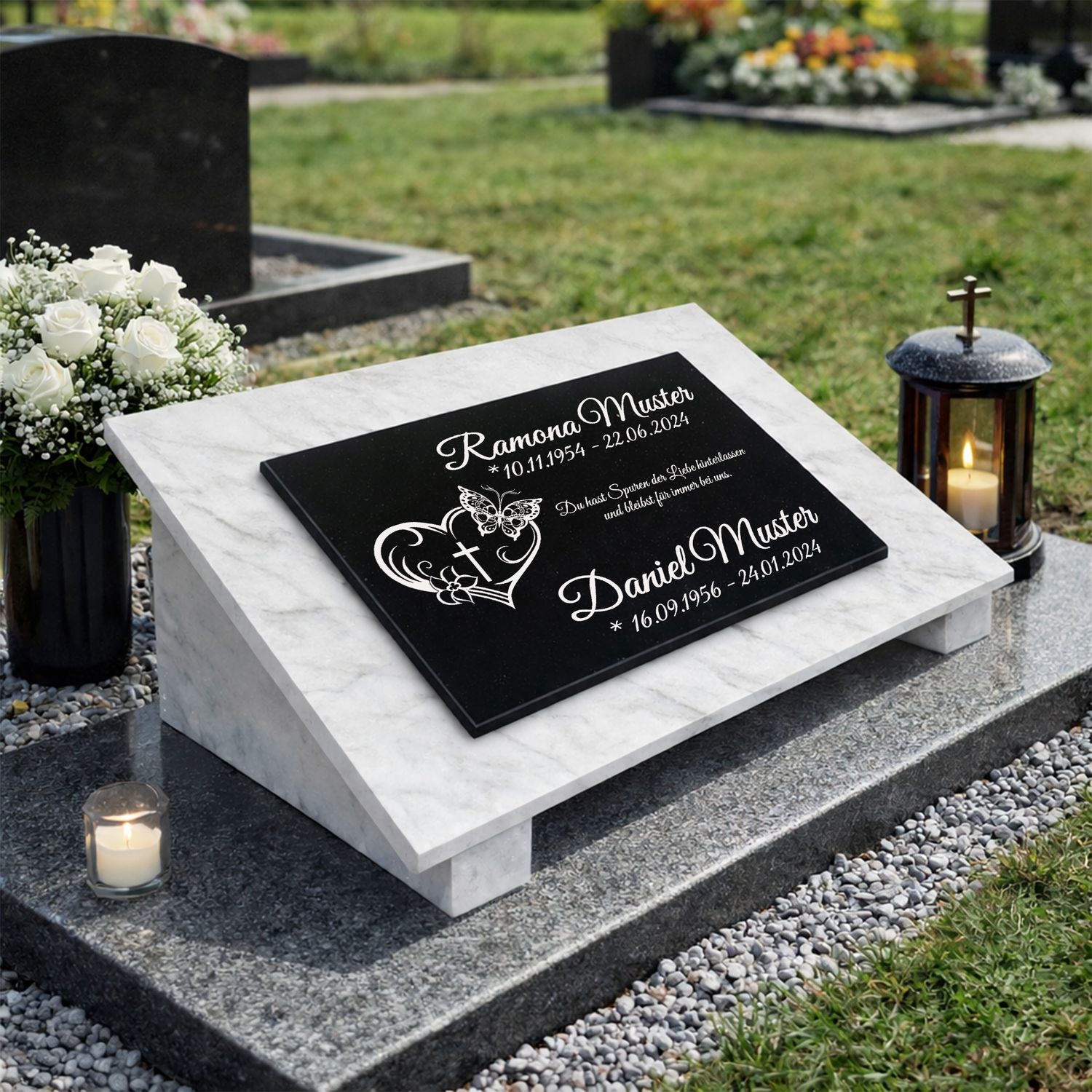 Grabstein Granit + Marmor mit Stützen 40x30x1cm personalisierte Grabplatte E2