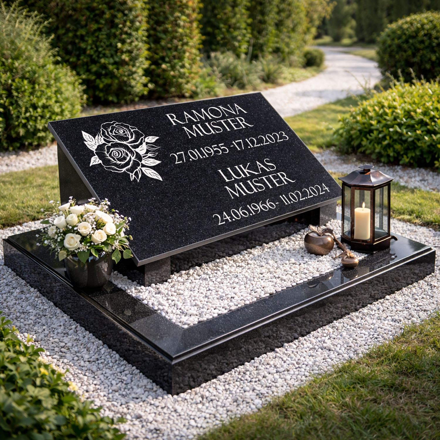 Grabstein Granit absolut black mit Stützen Versiegelung und Inschrift wetterfest MA20