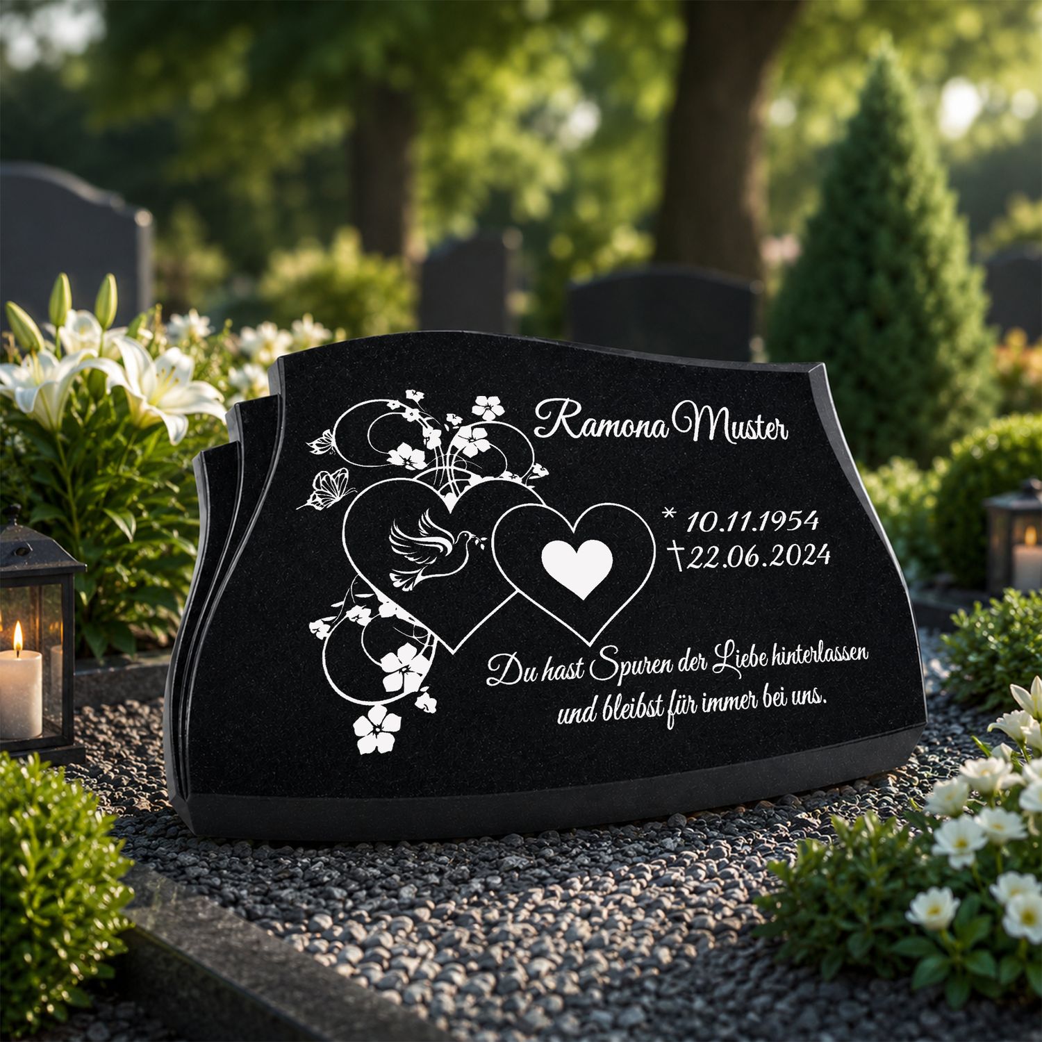 Urnengrabstein Idian black mit Stützen und Inschrift wetterfest personalisiert E6