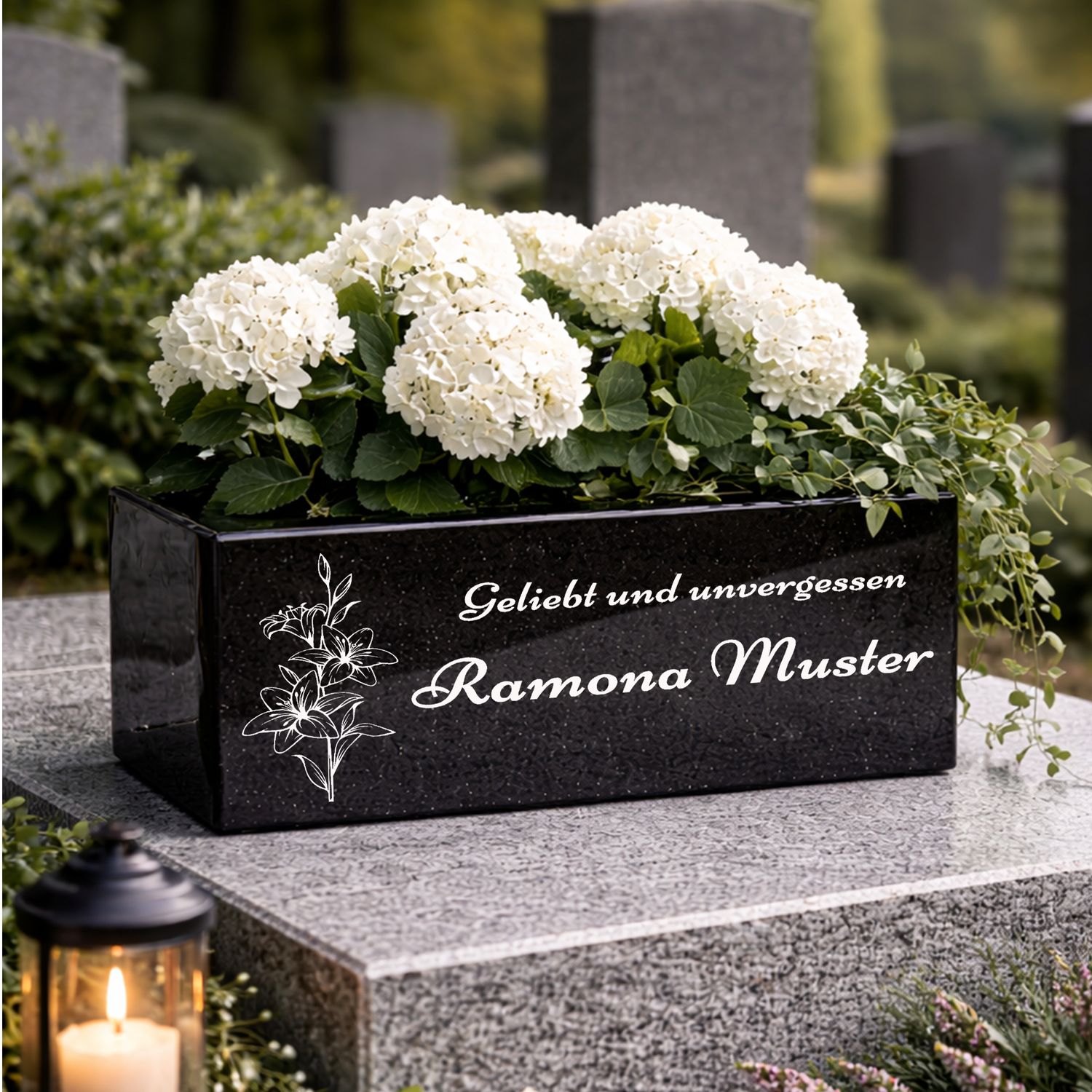 Hochwertige Grab Blumenkasten mit Gravur &amp; Granit-Blumenkübel Friedhof BU1