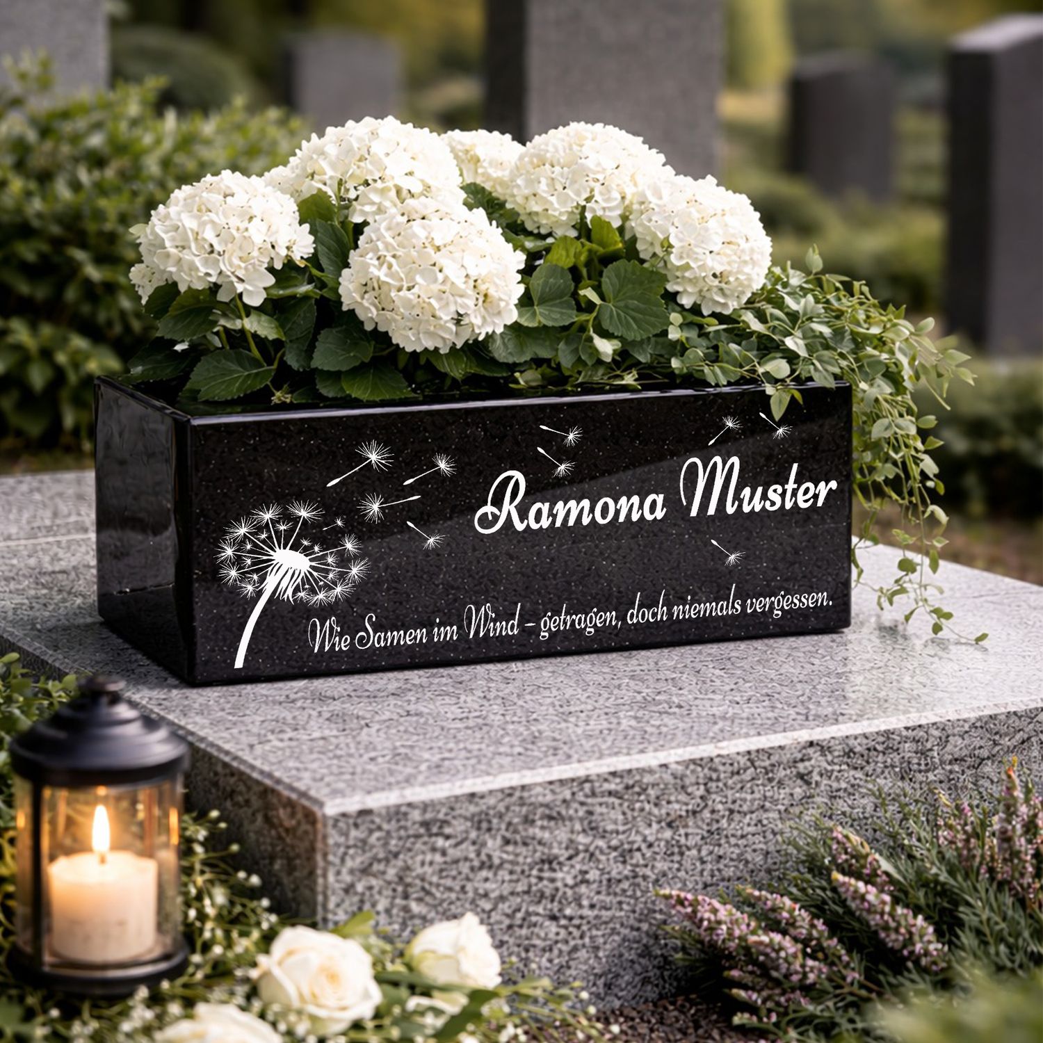 Hochwertige Grab Blumenkasten mit Gravur &amp; Granit-Blumenkübel Friedhof M4