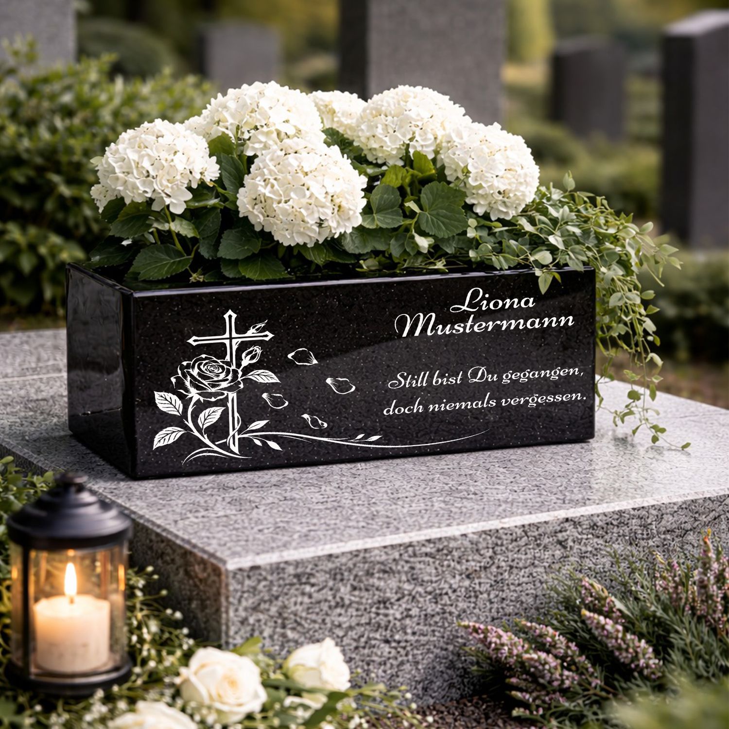 Hochwertige Grab Blumenkasten mit Gravur &amp; Granit-Blumenkübel Friedhof M8
