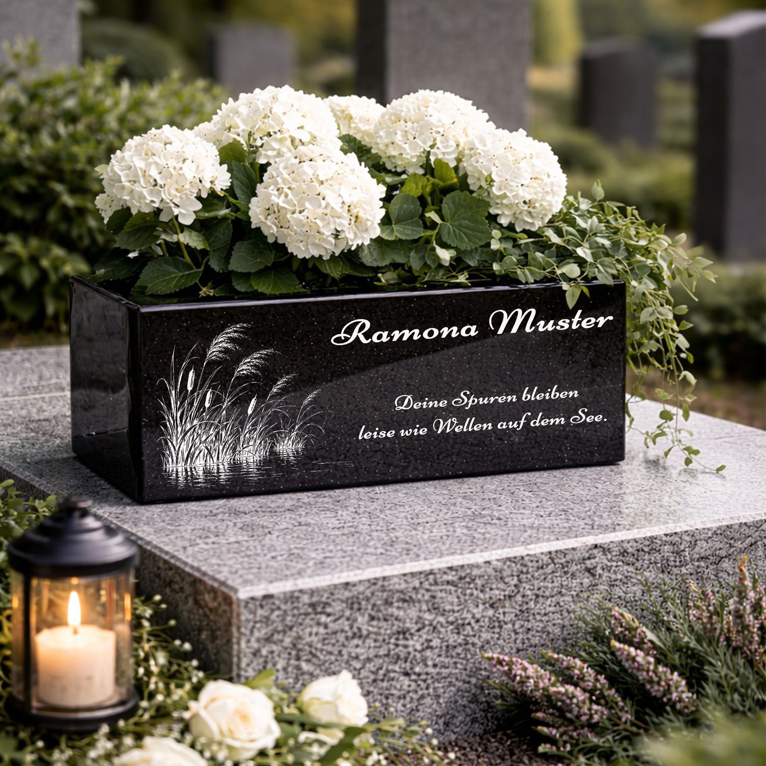 Hochwertige Grab Blumenkasten mit Gravur &amp; Granit-Blumenkübel Friedhof M13