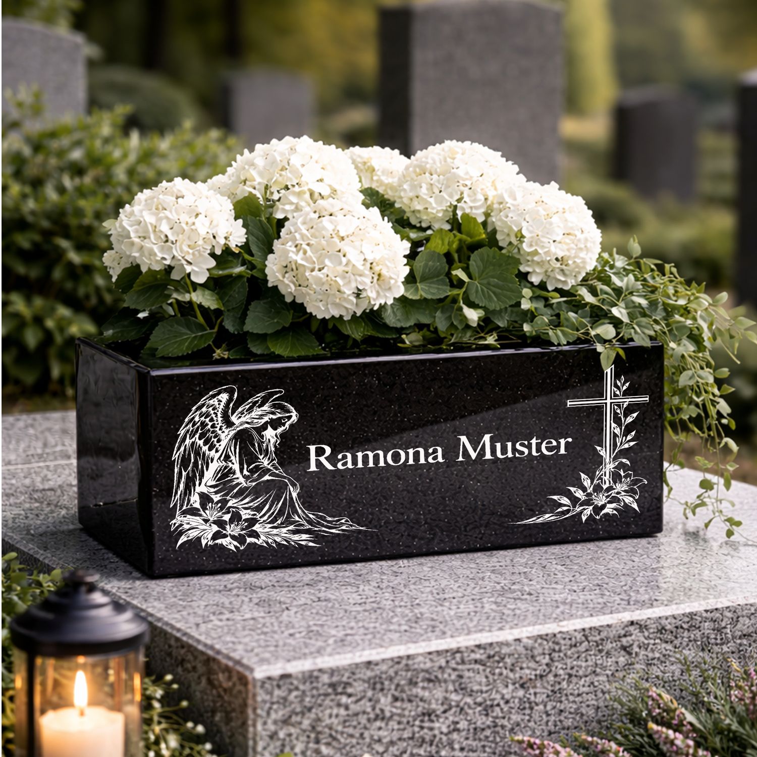 Hochwertige Grab Blumenkasten mit Gravur &amp; Granit-Blumenkübel Friedhof BU13