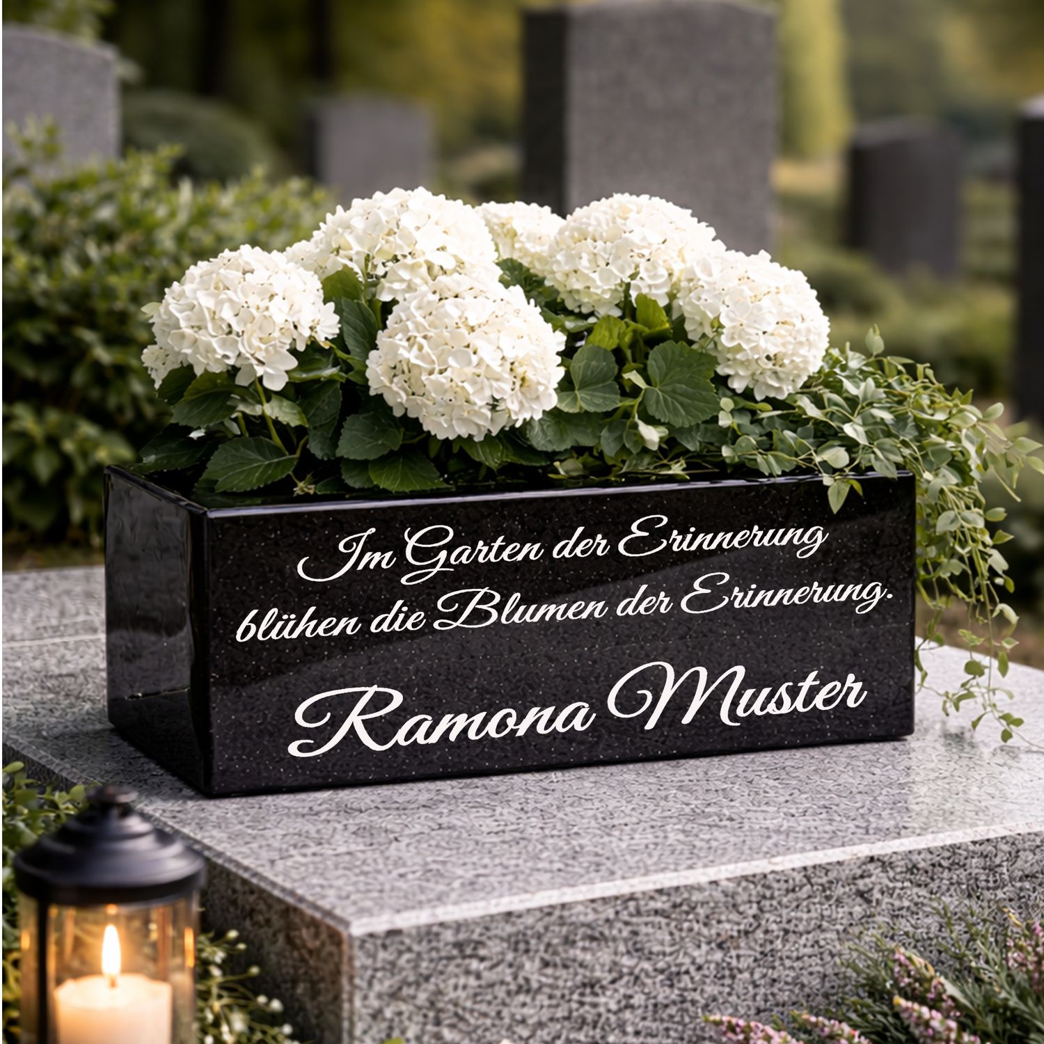 Hochwertige Grab Blumenkasten mit Gravur &amp; Granit-Blumenkübel Friedhof BU2