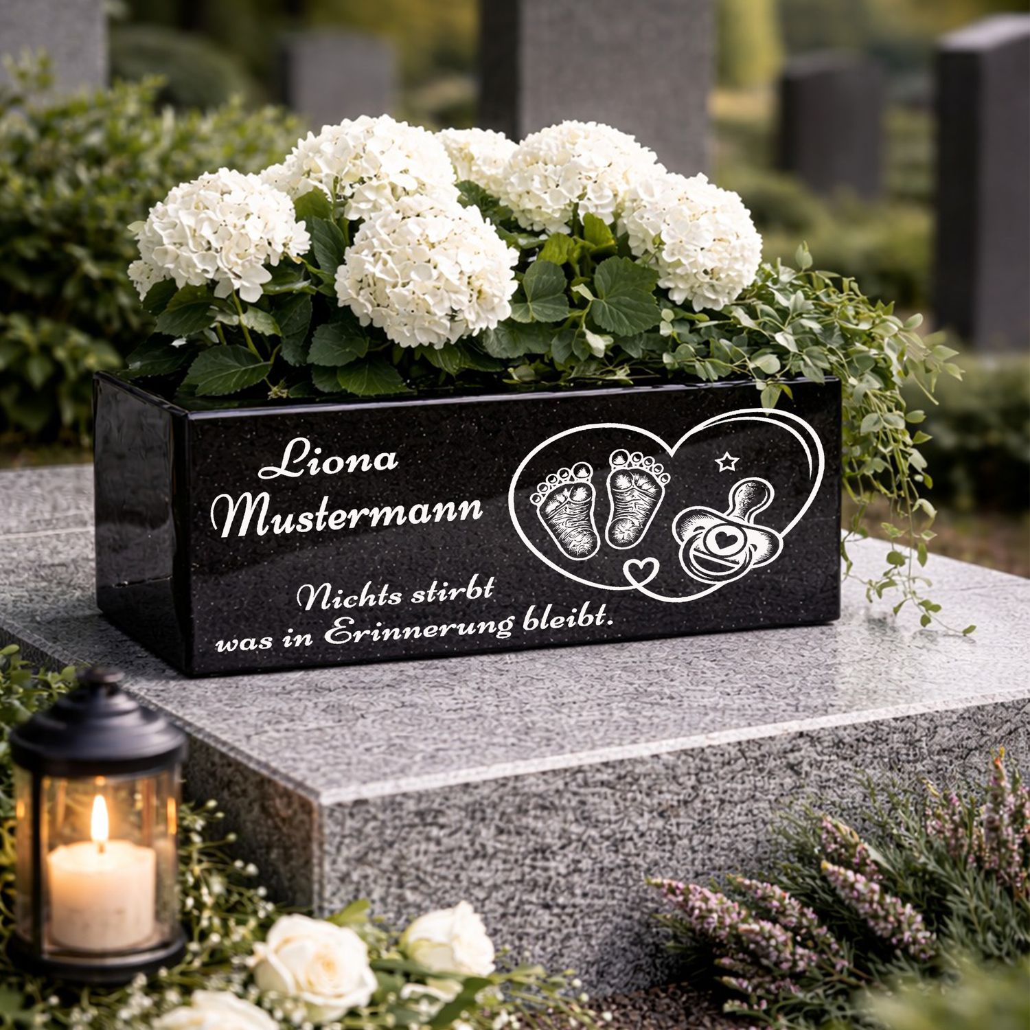 Hochwertige Grab Blumenkasten mit Gravur &amp; Granit-Blumenkübel Friedhof M22