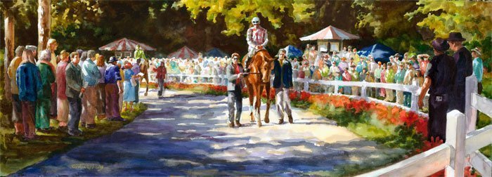 11x30"Paddock Turn" by Carolyn Epperly on canvas.