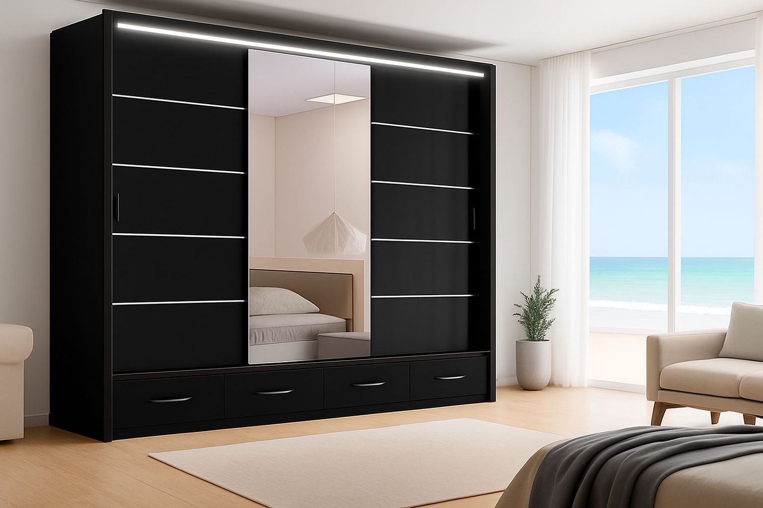 High Gloss Sliding Mirrored Door Wardrobe - Florence