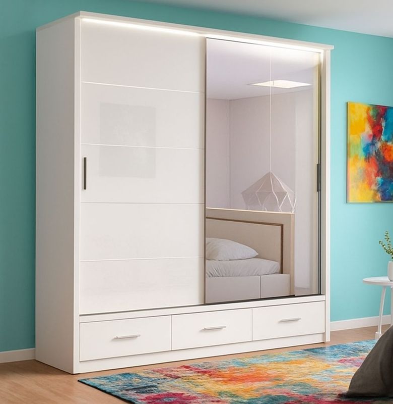 High Gloss Sliding Mirrored Door Wardrobe - Florence