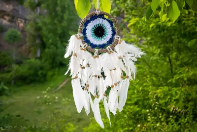 Lapač snů modrý 12 cm – ručně vyráběný indiánský styl