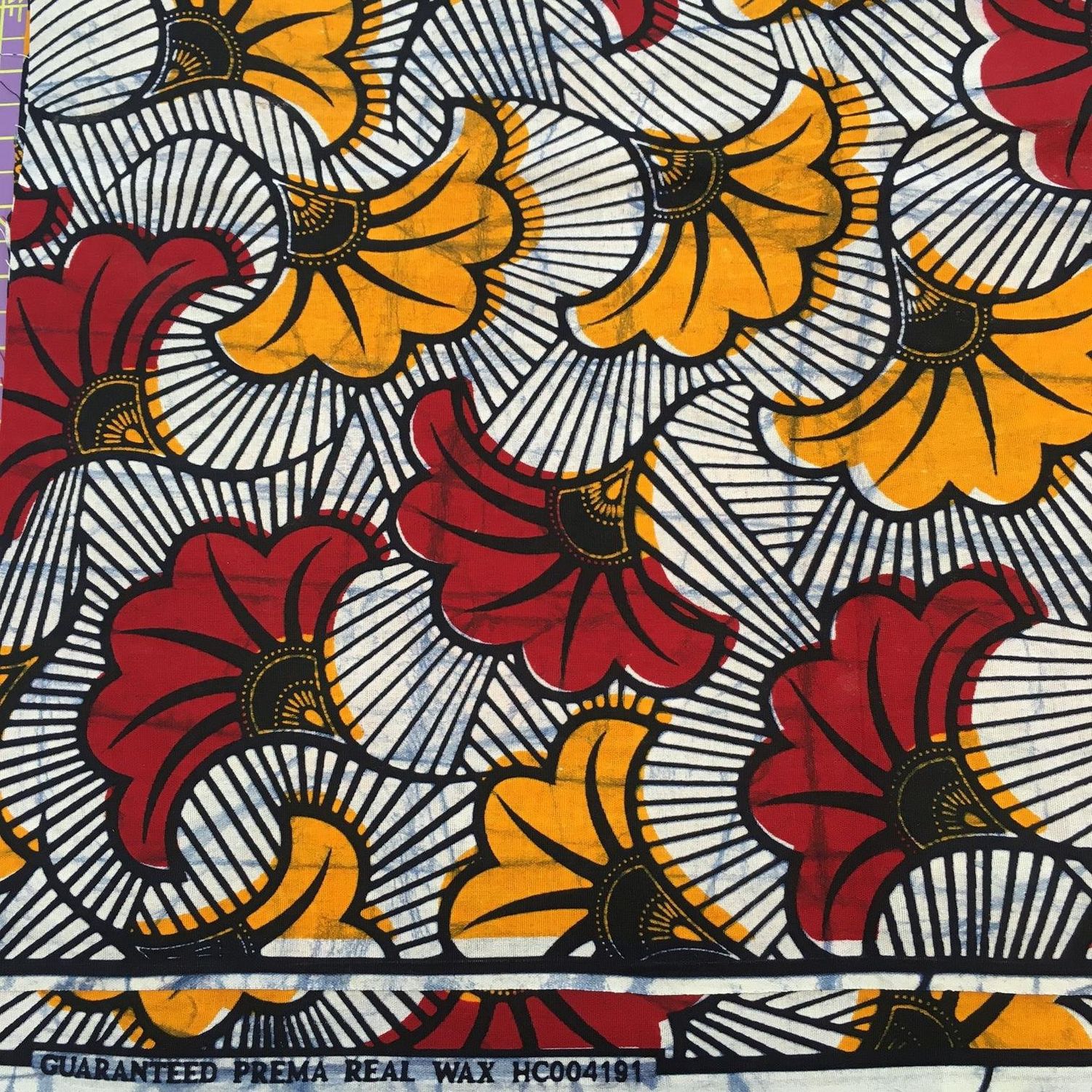 African Wax Printed Cotton - Yellow / Red Flowers