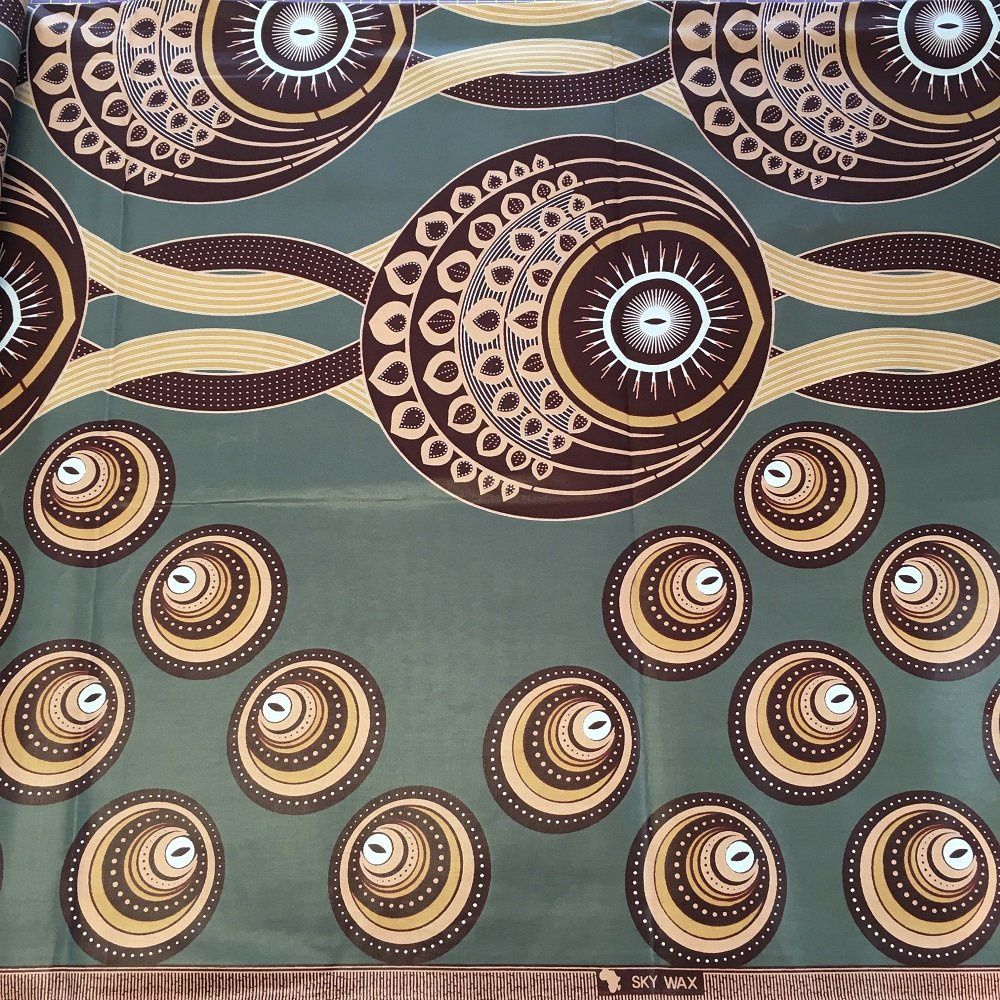 African Wax Printed Cotton - Brown Circles on Soft Blue
