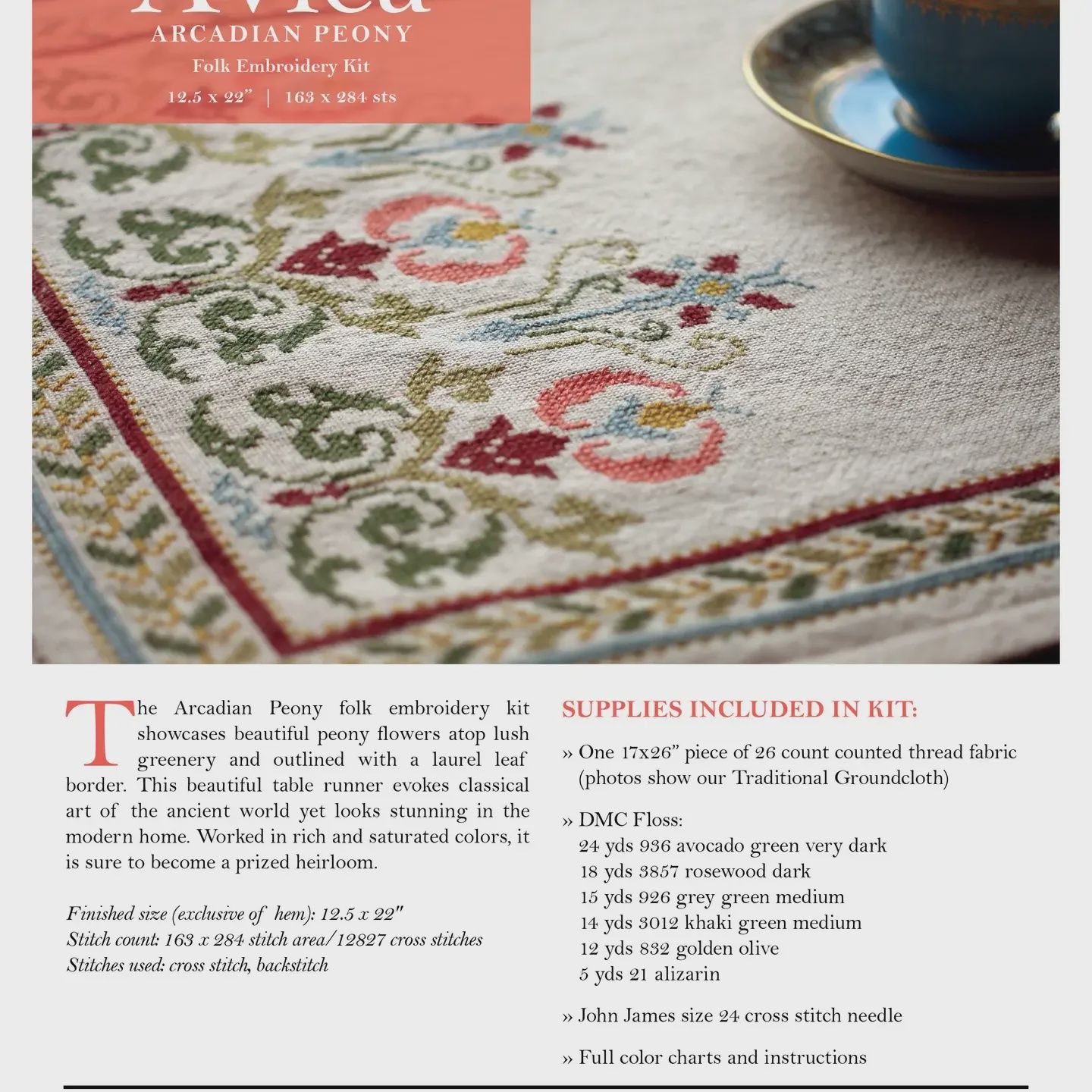 Arcadian Peony Table Runner Cross Stitch Kit Avlea Folk Embroidery