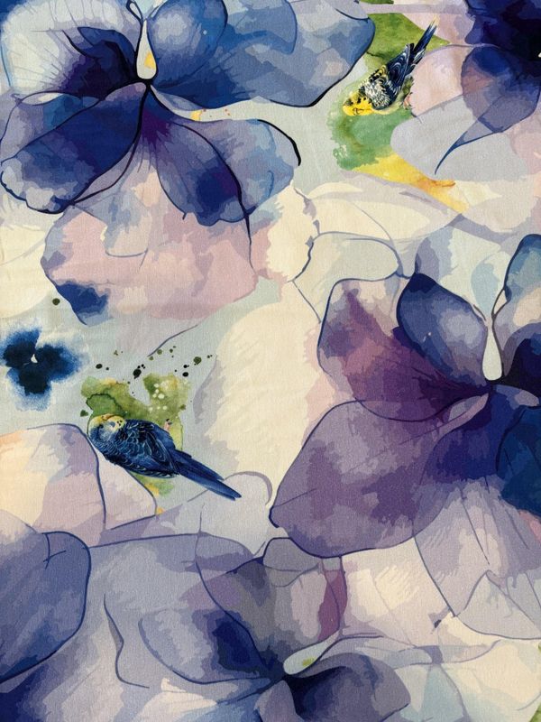 Birds and Large Blue Flowers Avalana Cotton Jersey